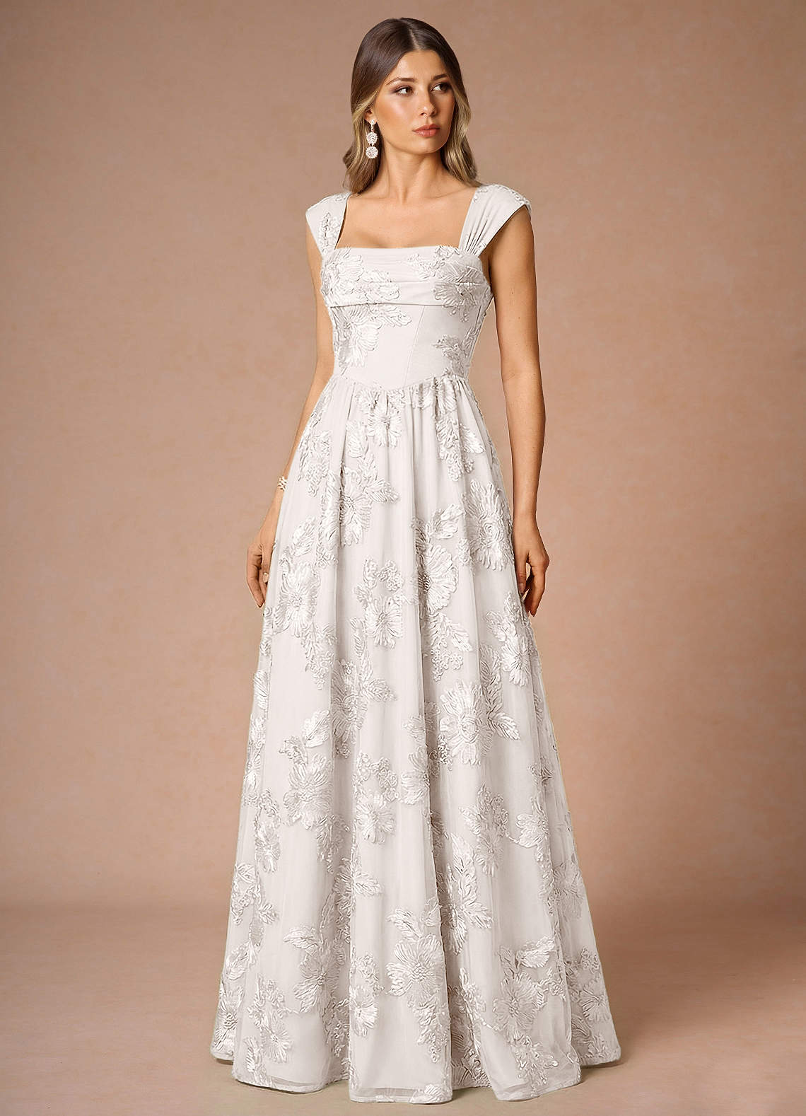 Hazel A-Line Cowl-Neck Floral Mesh Wedding Guest Dress in Cloud White