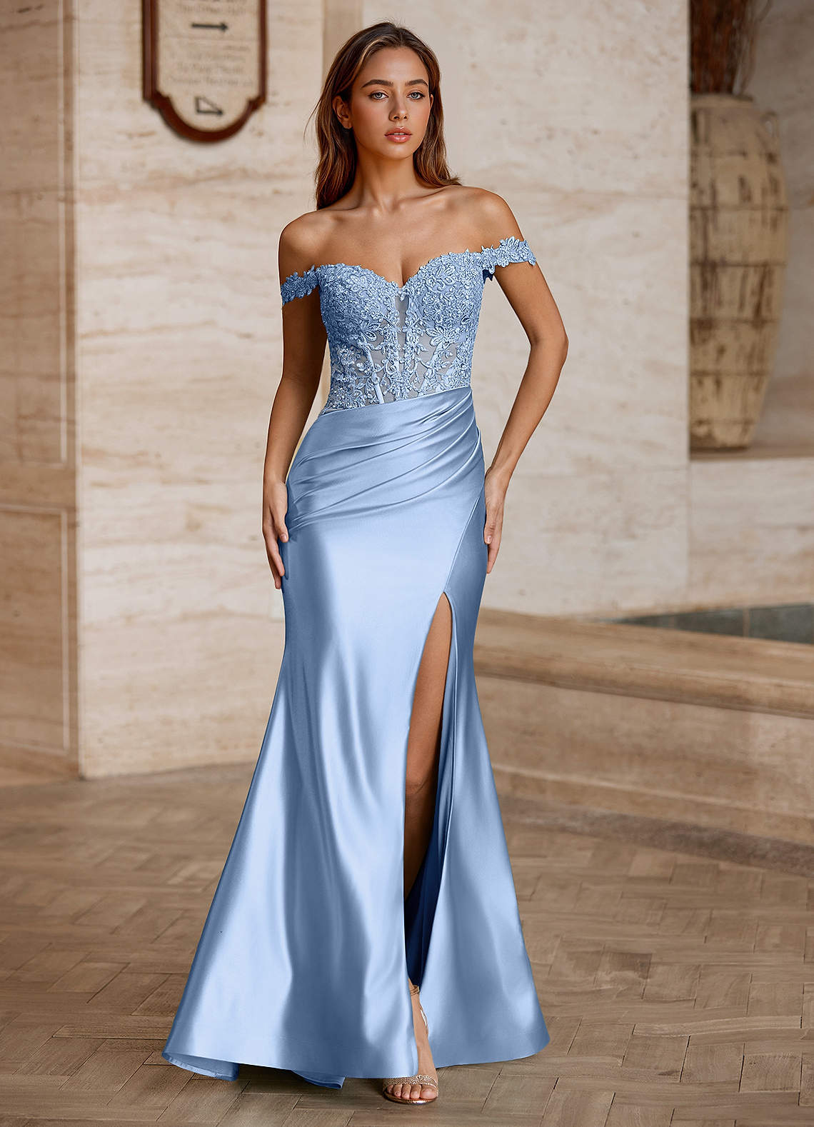 Wrentino Mermaid Off-the-Shoulder Stretch Satin Evening Dress in Sky Blue