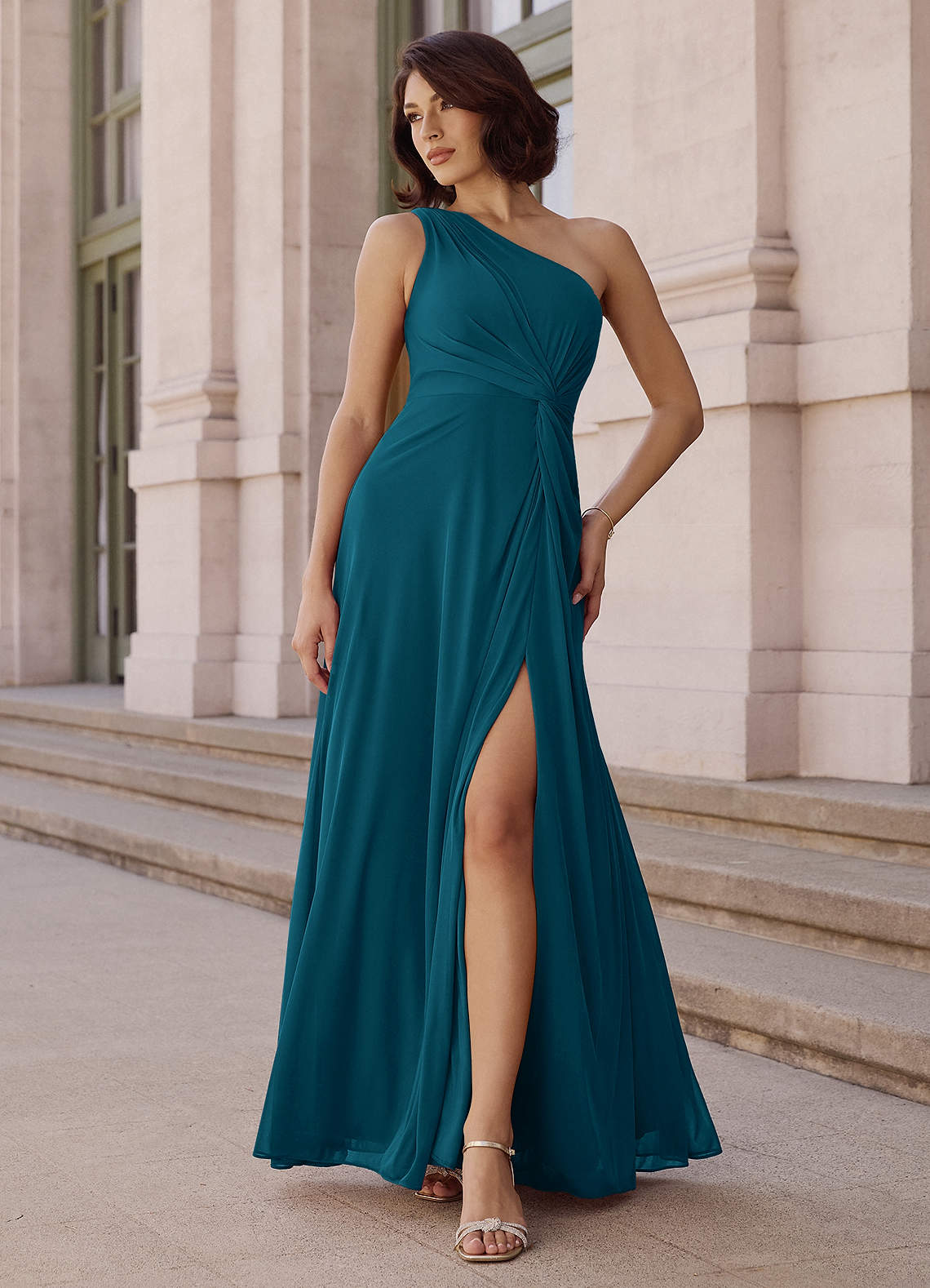 Brooke A-Line One-Shoulder Chiffon Bridesmaid Dress in Ink Blue