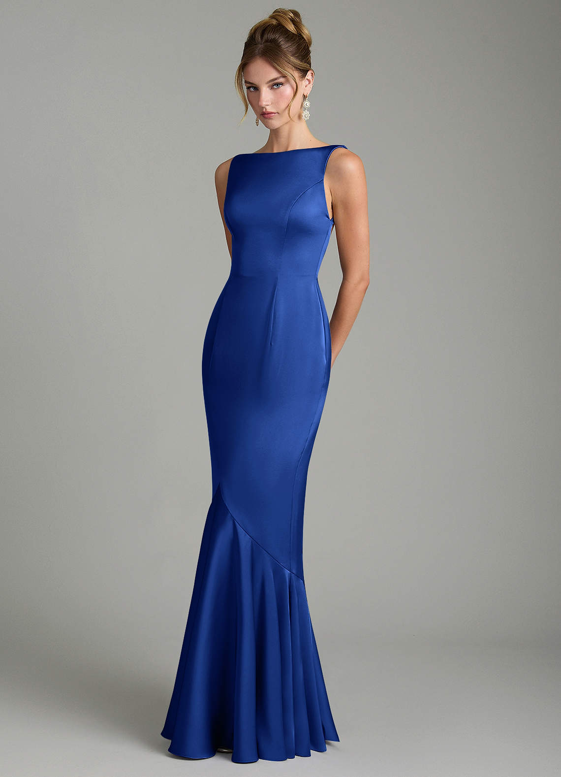 Tamera Mermaid Boat-Neck Stretch Satin and Chiffon Bridesmaid Dress in Royal Blue