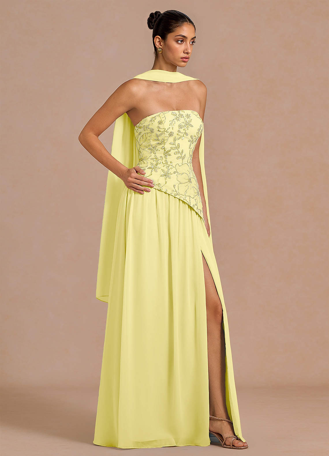 Galatea Sky Blue A-Line Floral Chiffon Evening Dress in Lemon Sorbet