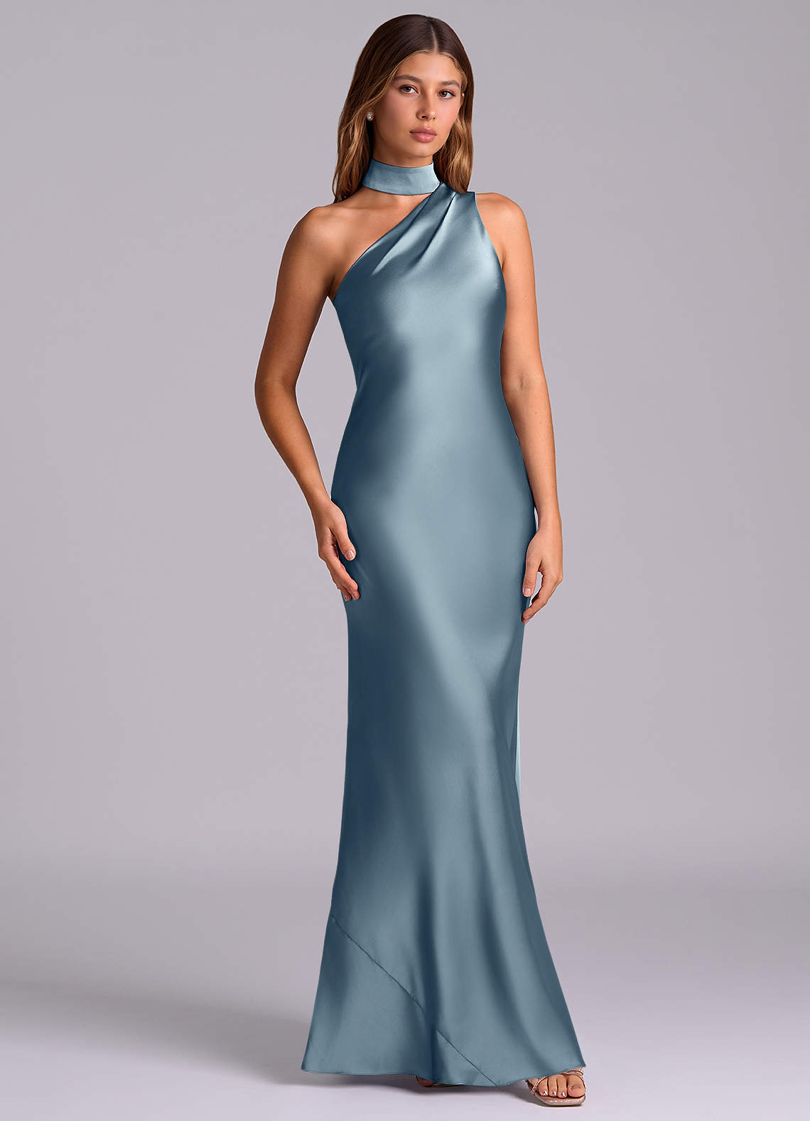 Seona Mermaid One-Shoulder Stretch Satin and Tulle Bridesmaid Dress in dusty blue