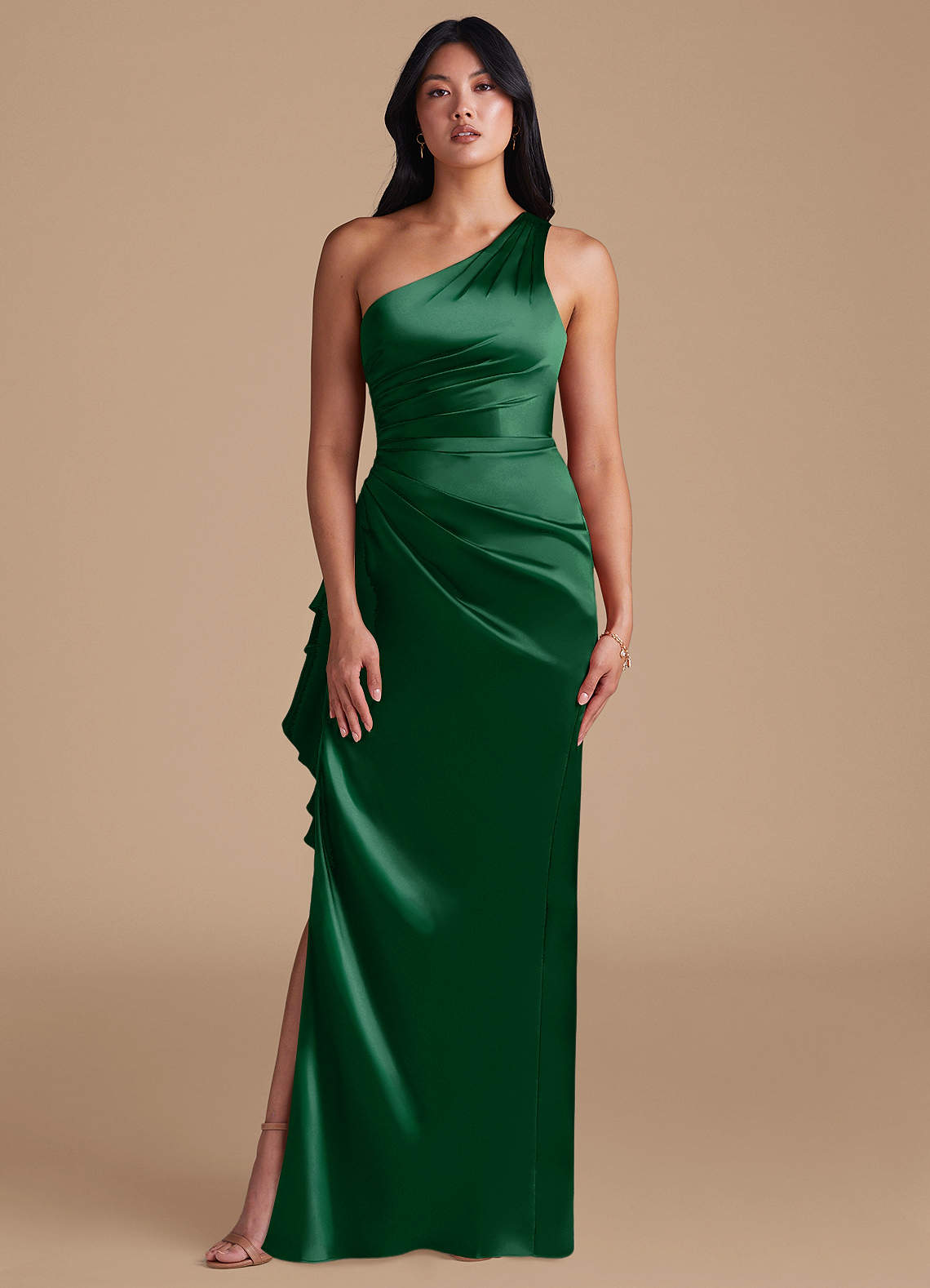 Latrice Sheath One-Shoulder Metallic Satin Bridesmaid Dress in Dark Green
