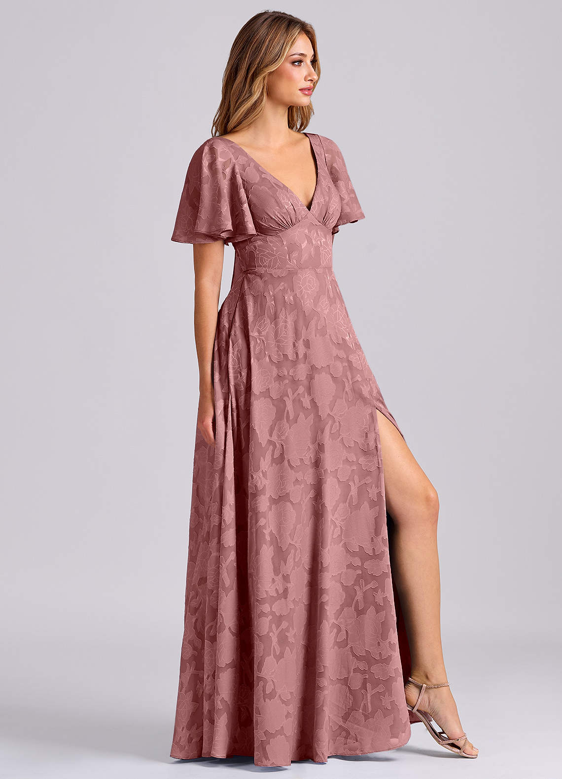 Kimber A-Line V-Neck Floral Burnout Bridesmaid Dress in dusty rose