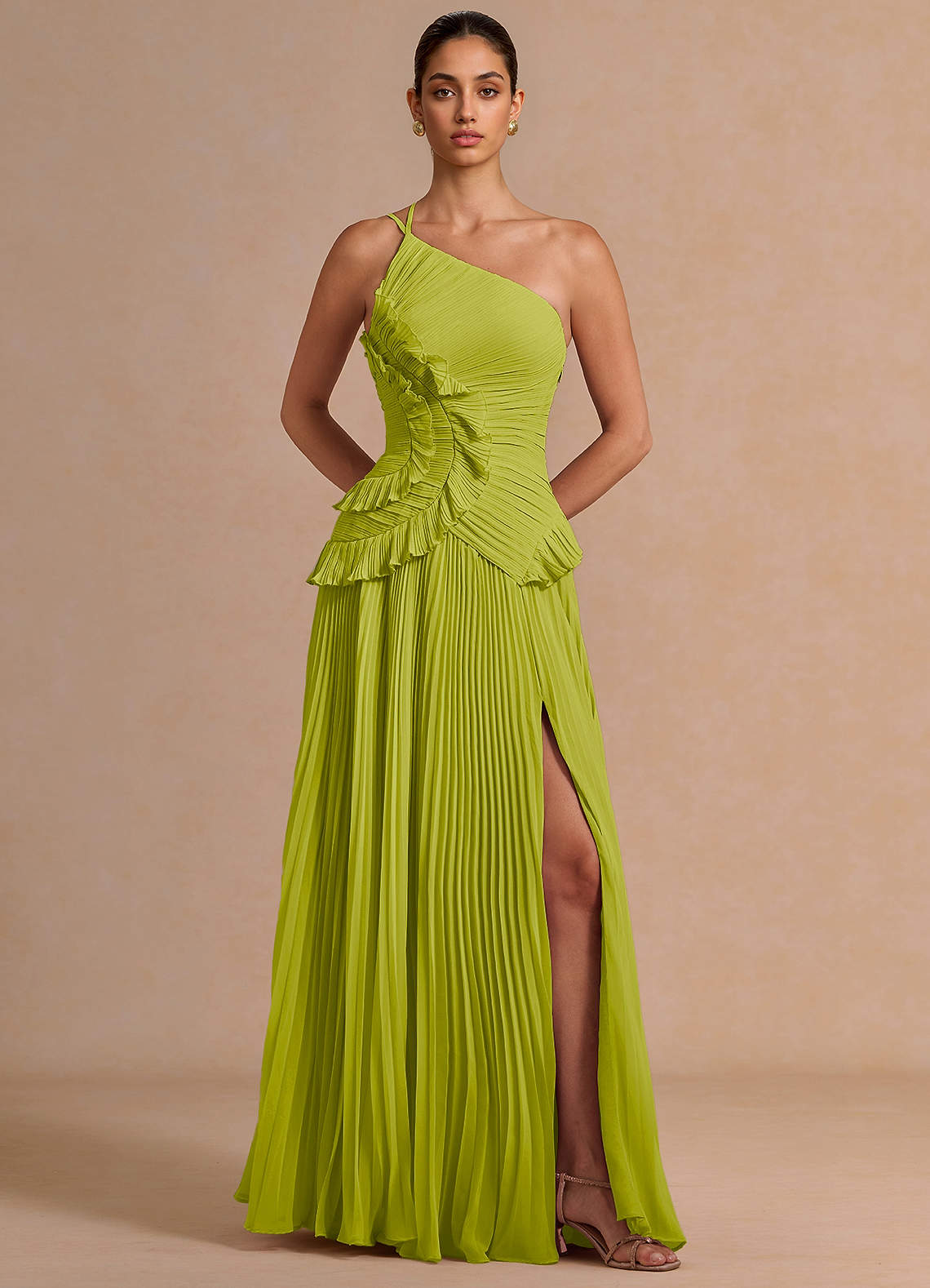 Melody A-Line One-Shoulder Chiffon Evening Dress in Lemon Green