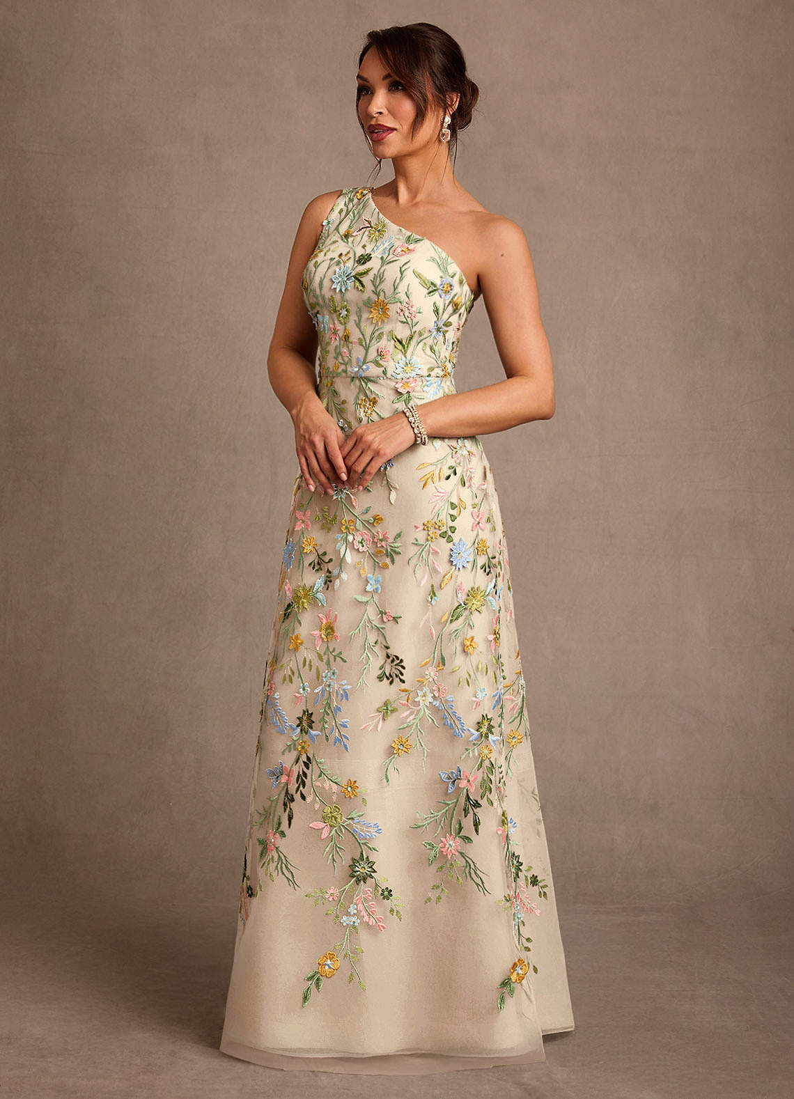 Bertie A-Line One-Shoulder Lace Mother of the Bride Dress in champagne