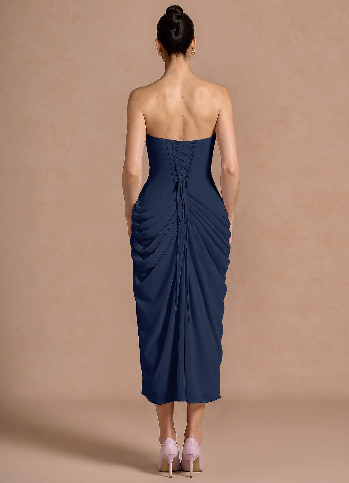 Kaavia Column Pleated Chiffon Midi Evening Dress in Navy