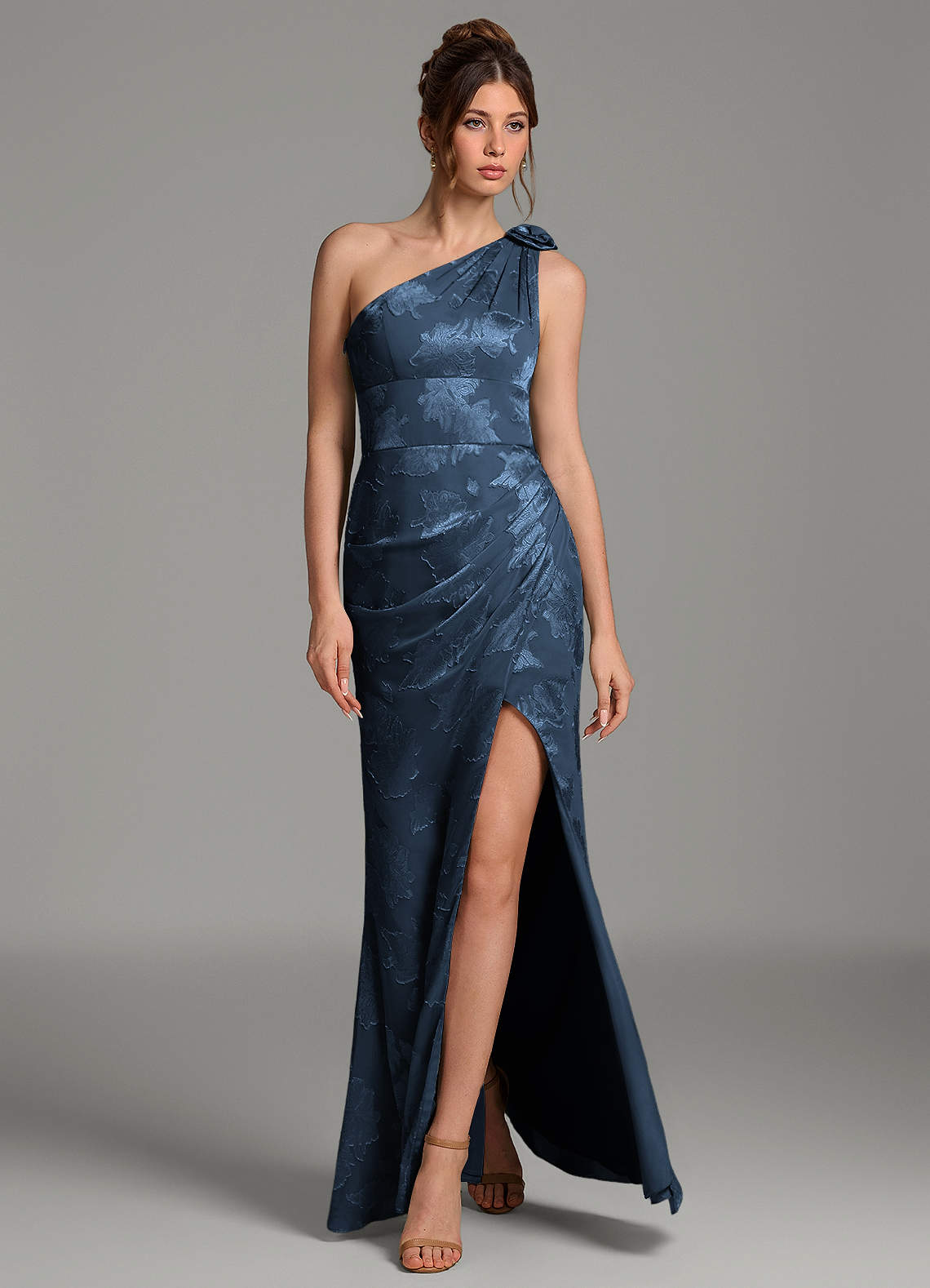 Yanie Mermaid One-Shoulder Jacquard Bridesmaid Dress in Dark Navy