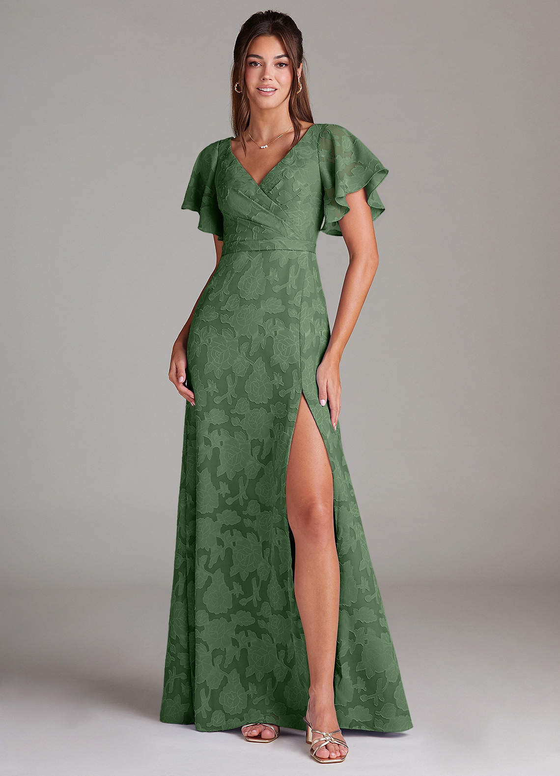 Ambrosia A-Line V-Neck Floral Burnout Bridesmaid Dress in Eucalyptus