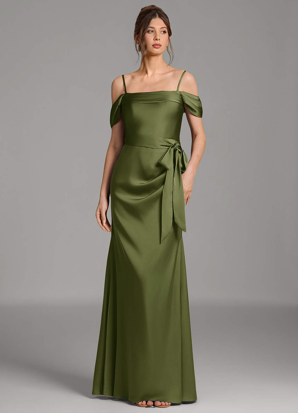 Wyatt Mermaid Off-the-Shoulder Stretch Satin Bridesmaid Dress in Olive