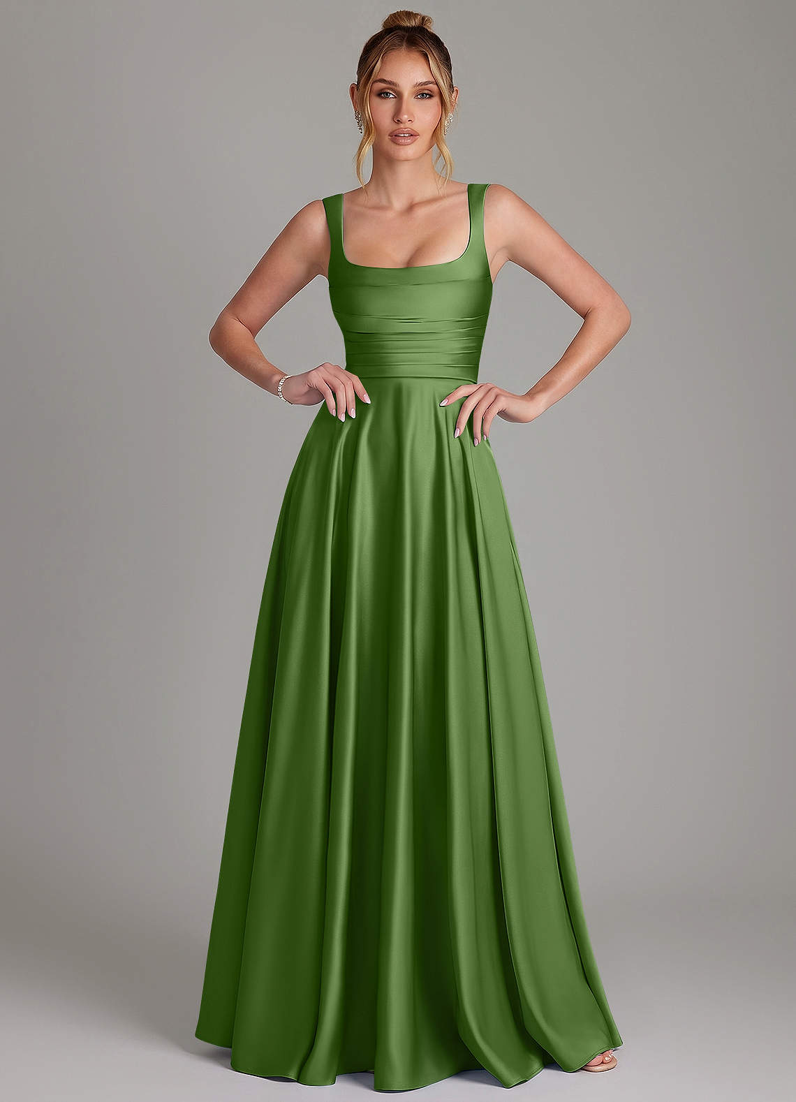 Azaria A-Line Square-Neck Stretch Satin Bridesmaid Dress in Basil
