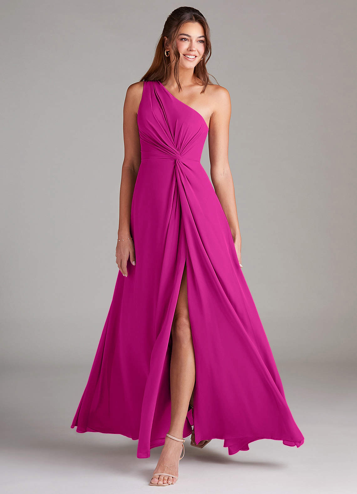 Brooke A-Line One-Shoulder Chiffon Bridesmaid Dress in Fuchsia