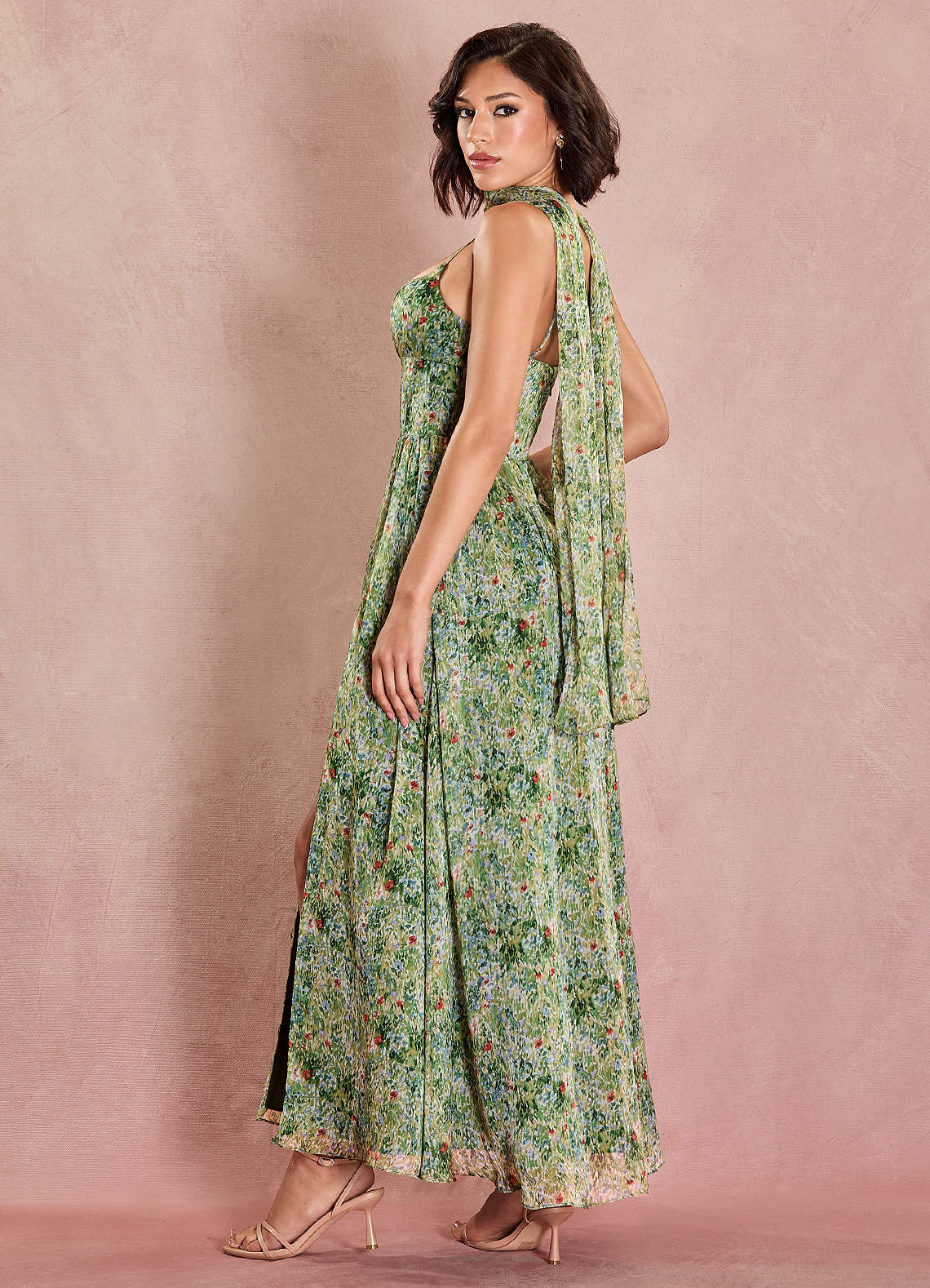 Lolla A-Line V-Neck Chiffon Wedding Guest Dress in Green Floral