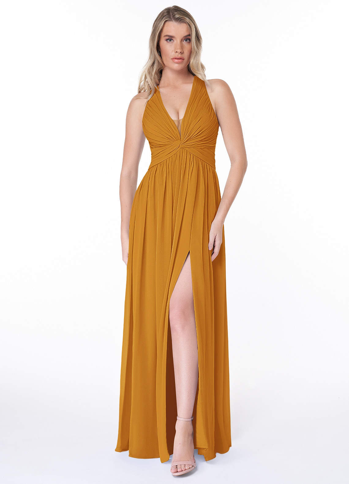 Jaclyn A-Line Halter Chiffon Bridesmaid Dress in butterscotch