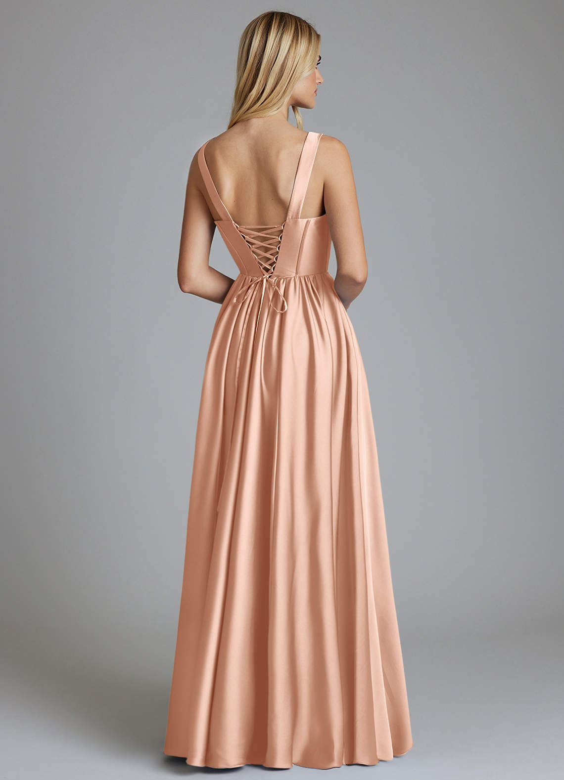 Delmie A-Line V-Neck Stretch Satin Bridesmaid Dress in rose gold