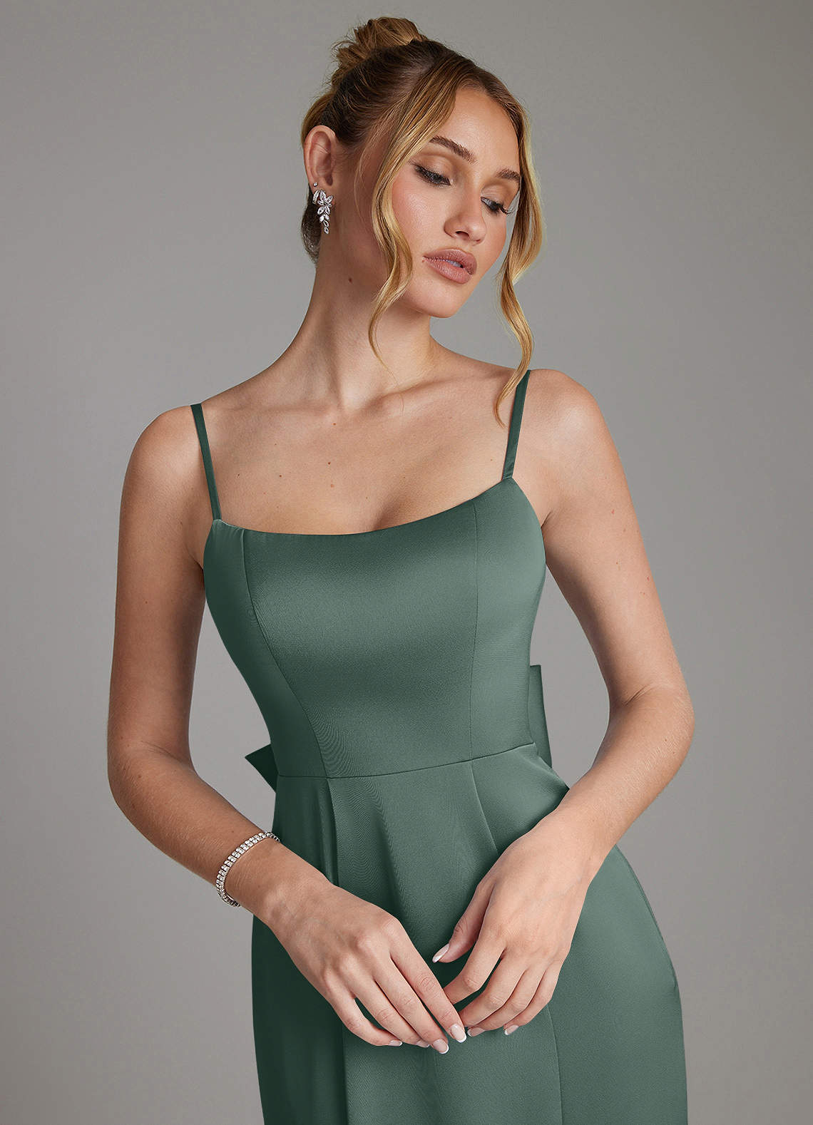 Zherra Mermaid Scoop-Neck Stretch Satin Bridesmaid Dress in Sea Moss