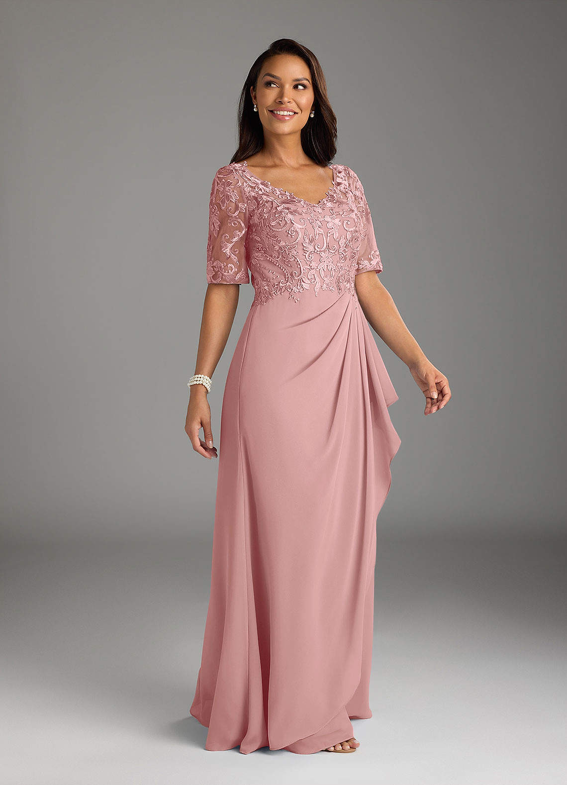 Amedeus A-Line V-Neck Chiffon and Lace Mother of the Bride Dress in Dusty Rose