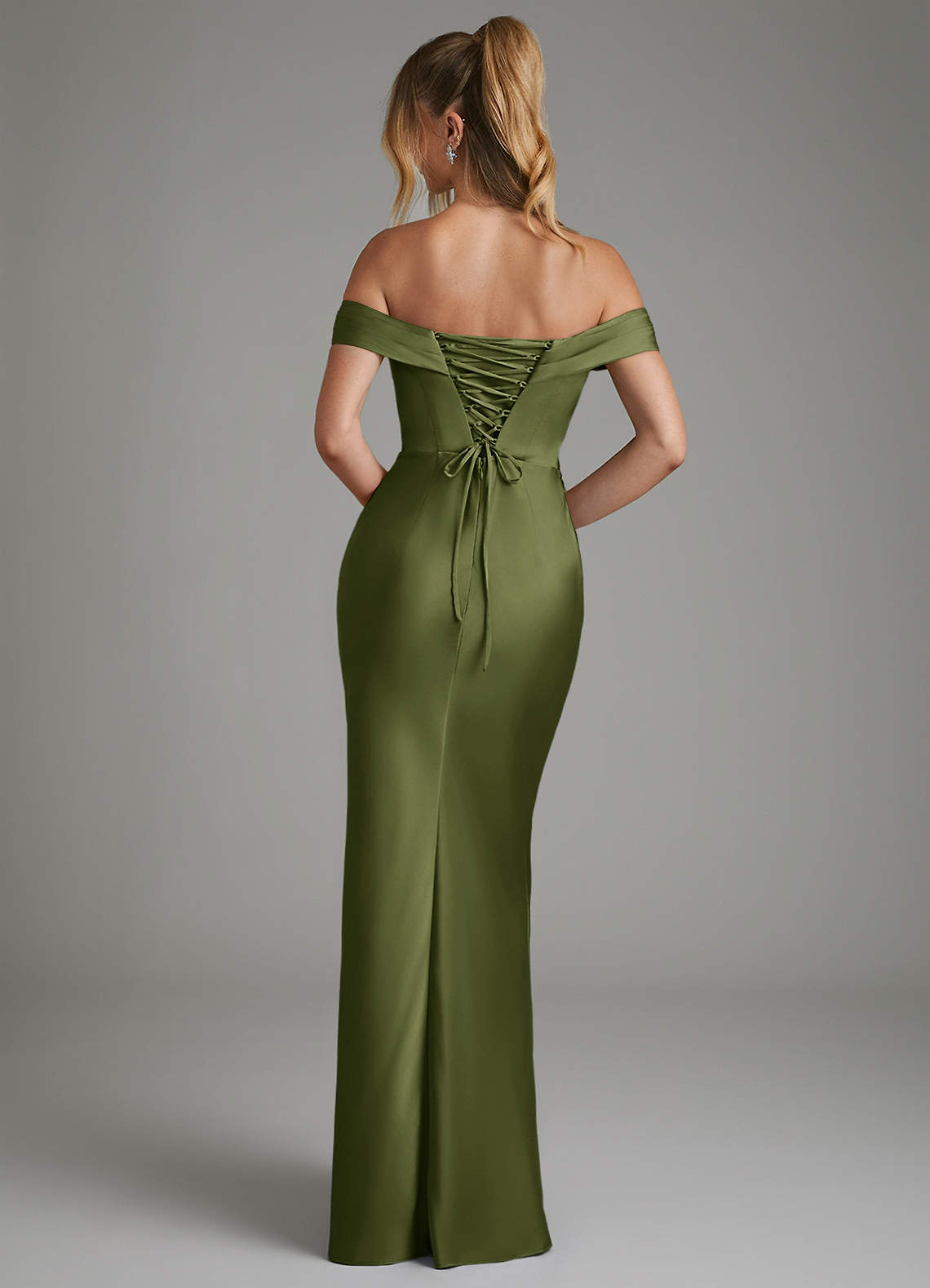 Hayden Mermaid Off-the-Shoulder Stretch Satin Bridesmaid Dress in Olive