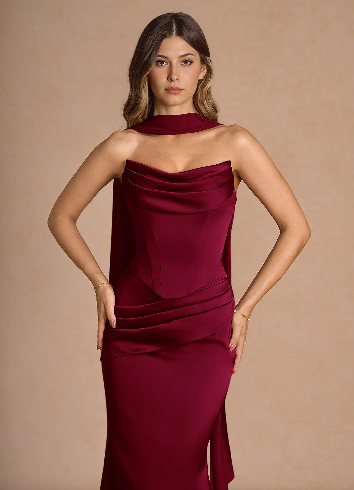 Sorrel Mermaid Corset Stretch Satin Evening Set in Merlot