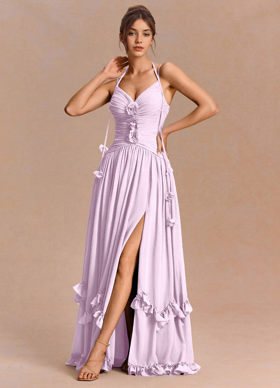 Eulalie A-Line Floral-Appliqué Chiffon Evening Dress in Frosted Lilac