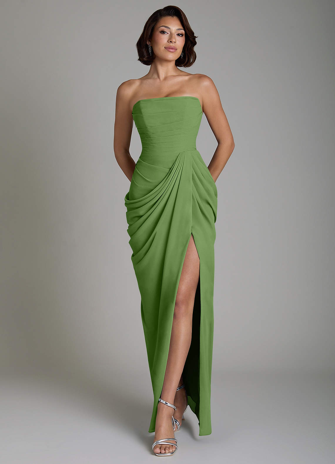 Nyra Sheath Strapless Chiffon Bridesmaid Dress in Basil