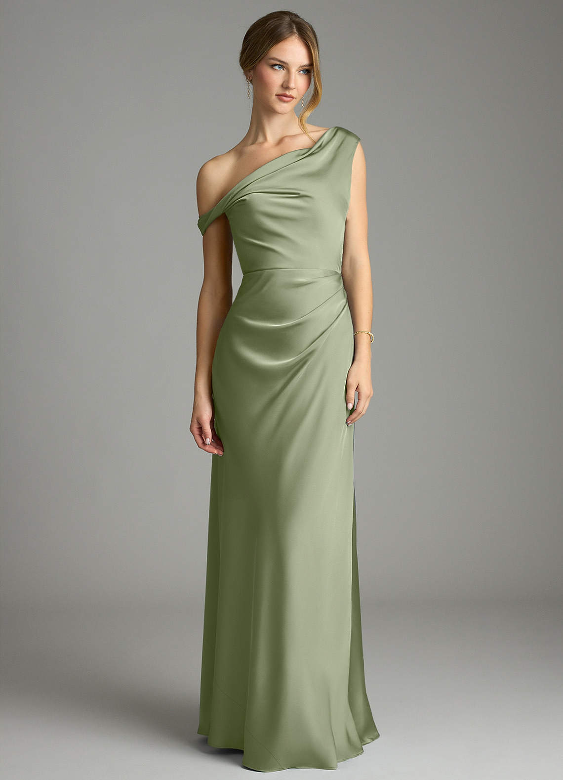 Emerson Mermaid One-Shoulder Stretch Satin Bridesmaid Dress in Pistachio