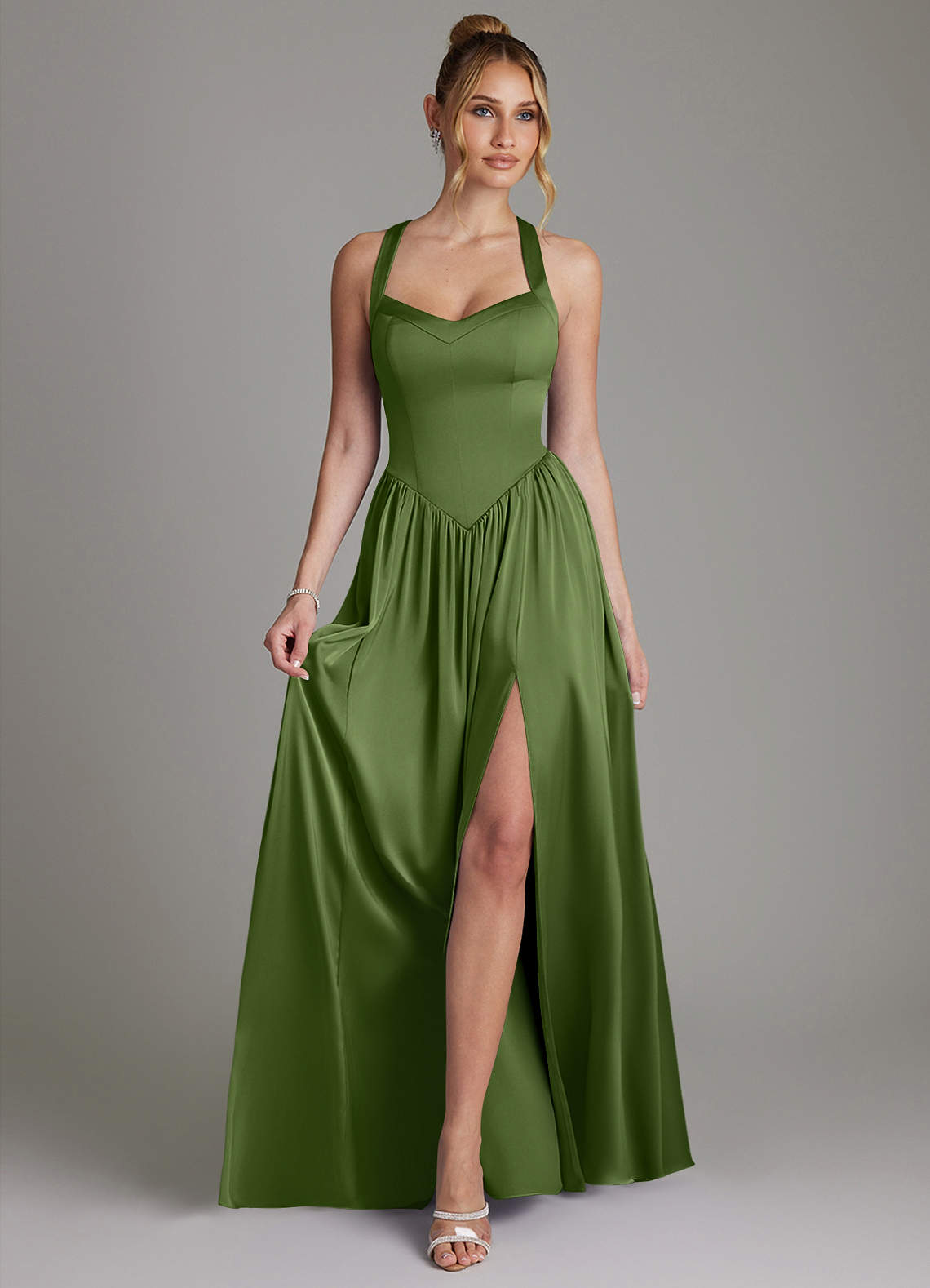Francis A-Line V-Neck Stretch Satin Bridesmaid Dress in Juniper