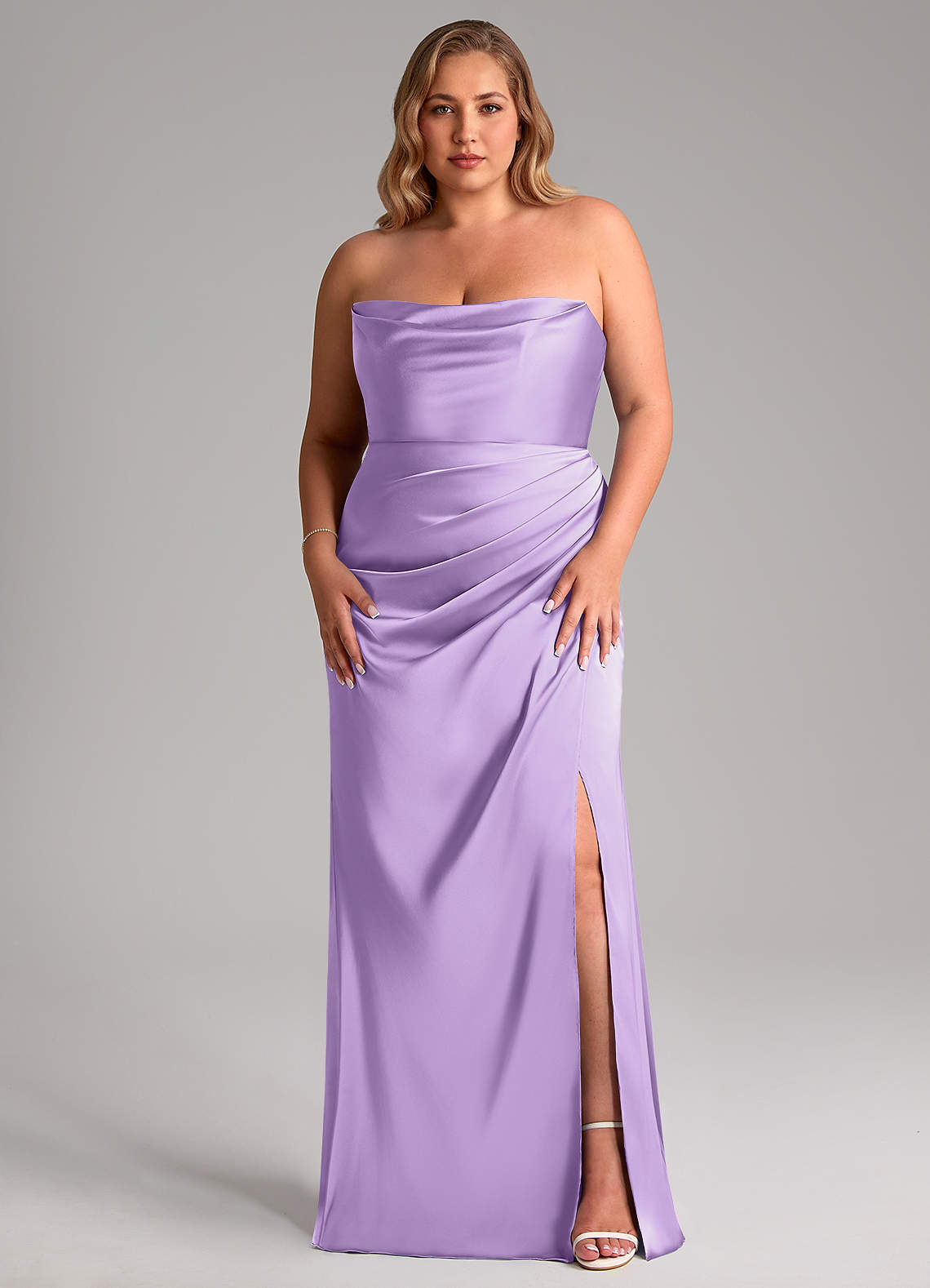 Leonis Mermaid Cowl-Neck Stretch Satin Bridesmaid Dress in Lilac