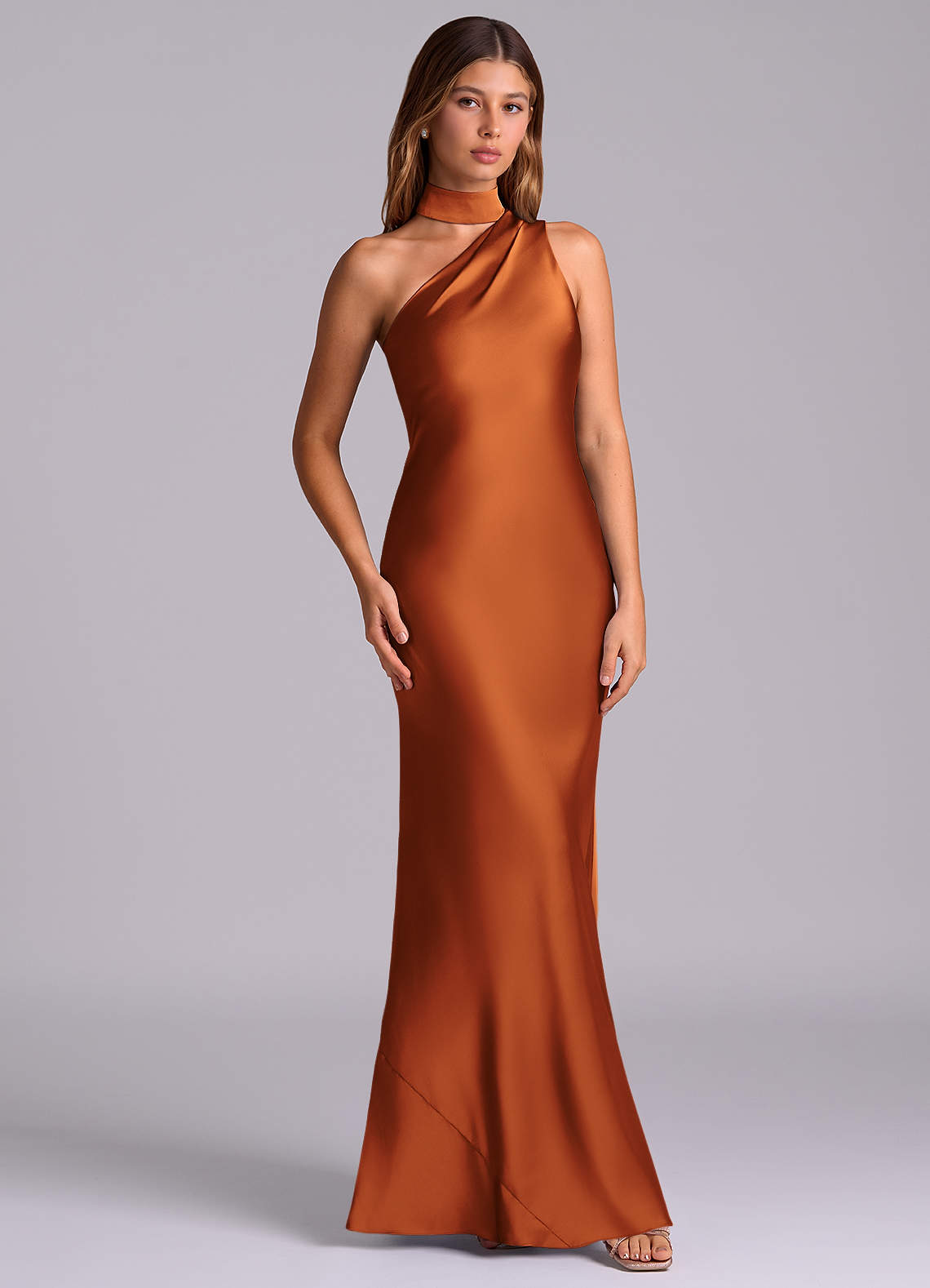Seona Mermaid One-Shoulder Stretch Satin and Tulle Bridesmaid Dress in Cinnamon