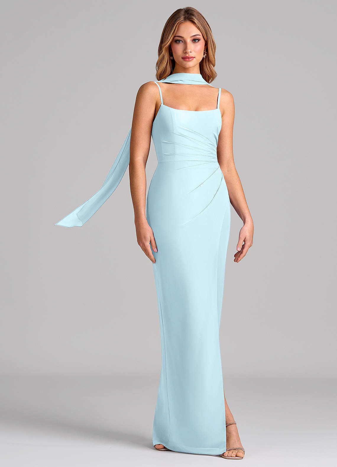 Calandra Sheath Scoop-Neck Chiffon Bridesmaid Dress in Cloud Blue