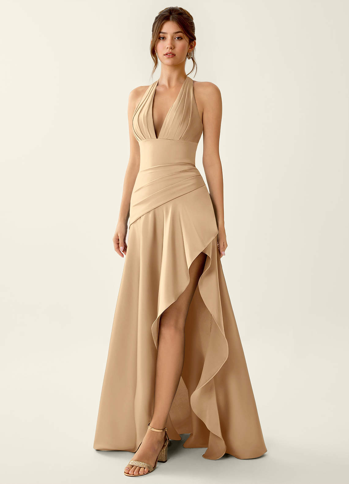 Titania Halter Asymmetric-Ruffle Satin Evening Dress in Pastel Yellow