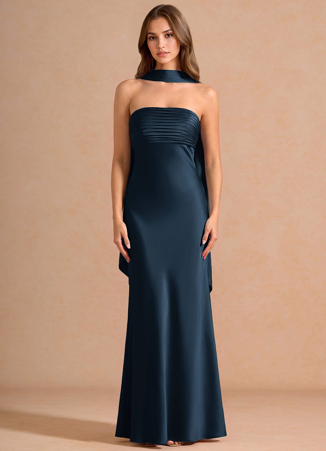 Seraphina A-Line Scarf Stretch Satin Evening Dress in Navy