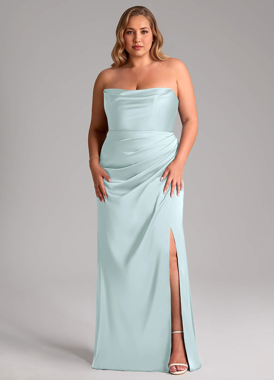 Leonis Mermaid Cowl-Neck Stretch Satin Bridesmaid Dress in Sea Glass