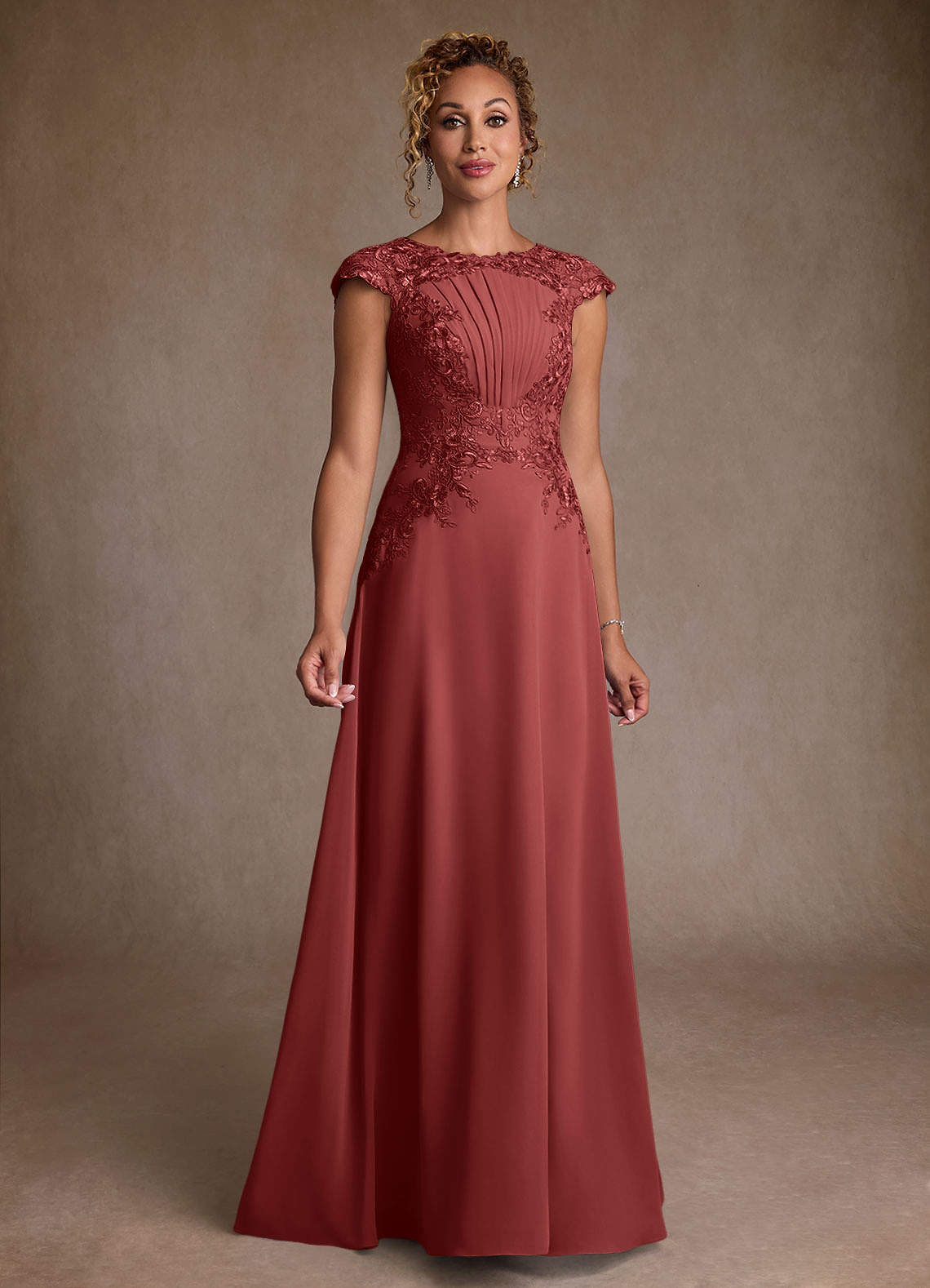 Christi A-Line Scoop-Neck Chiffon and Lace Mother of the Bride Dress in Terracotta