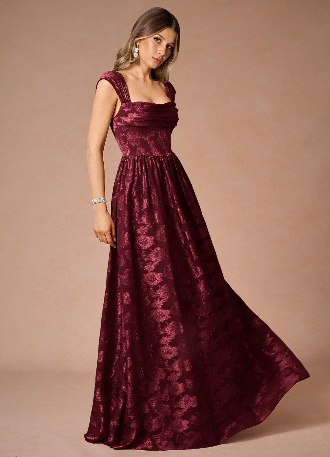 Hazel A-Line Cowl-Neck Fil Coupé Wedding Guest Dress in Wine