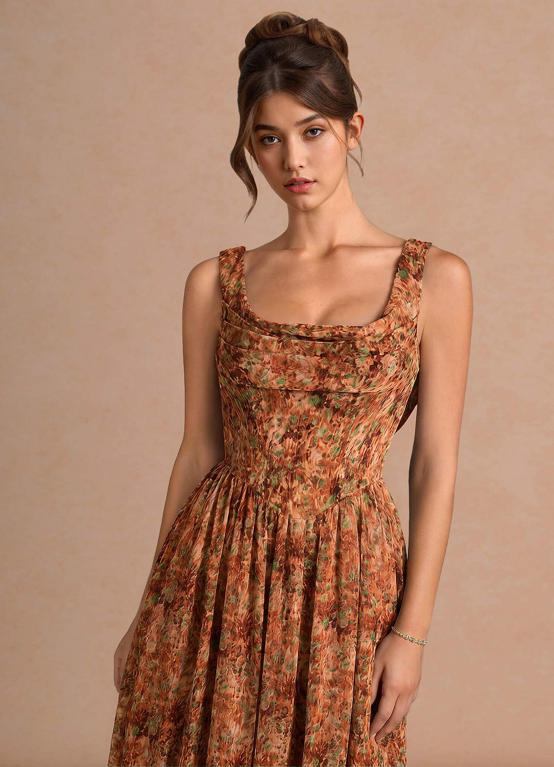 Aurore A-Line Cowl-Neck Chiffon Wedding Guest Dress in Orange Floral