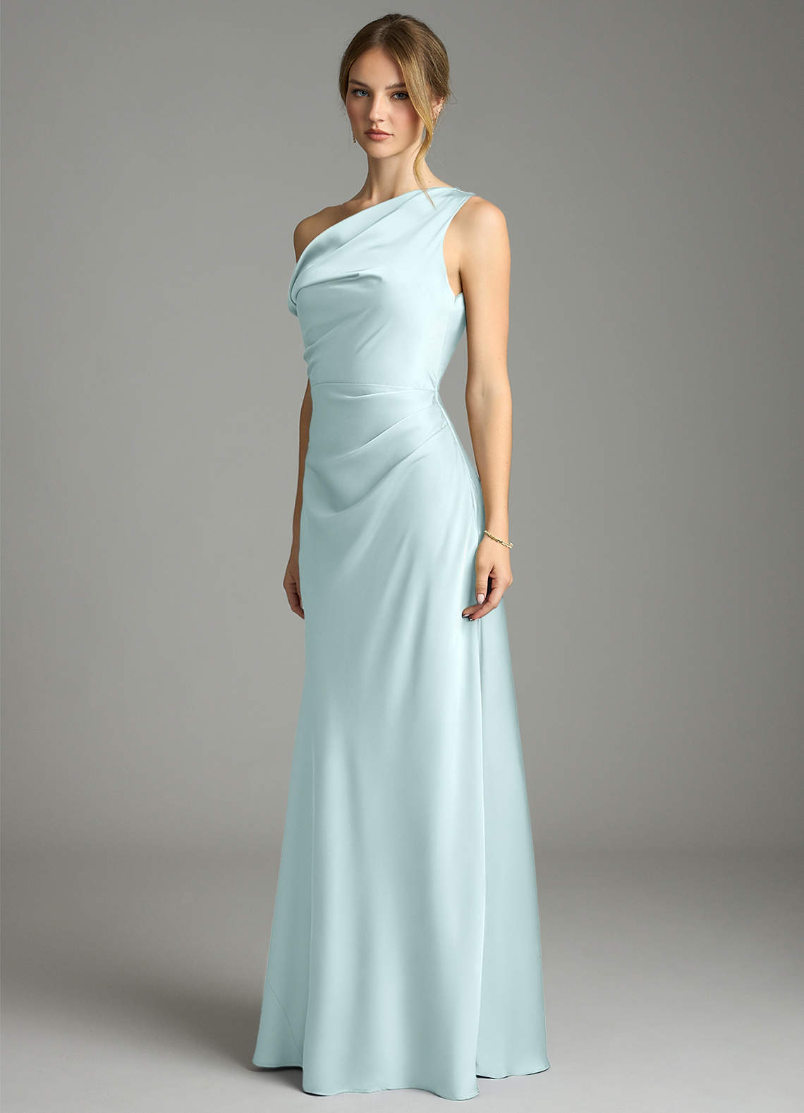 Emerson Mermaid One-Shoulder Stretch Satin Bridesmaid Dress in Sea Glass