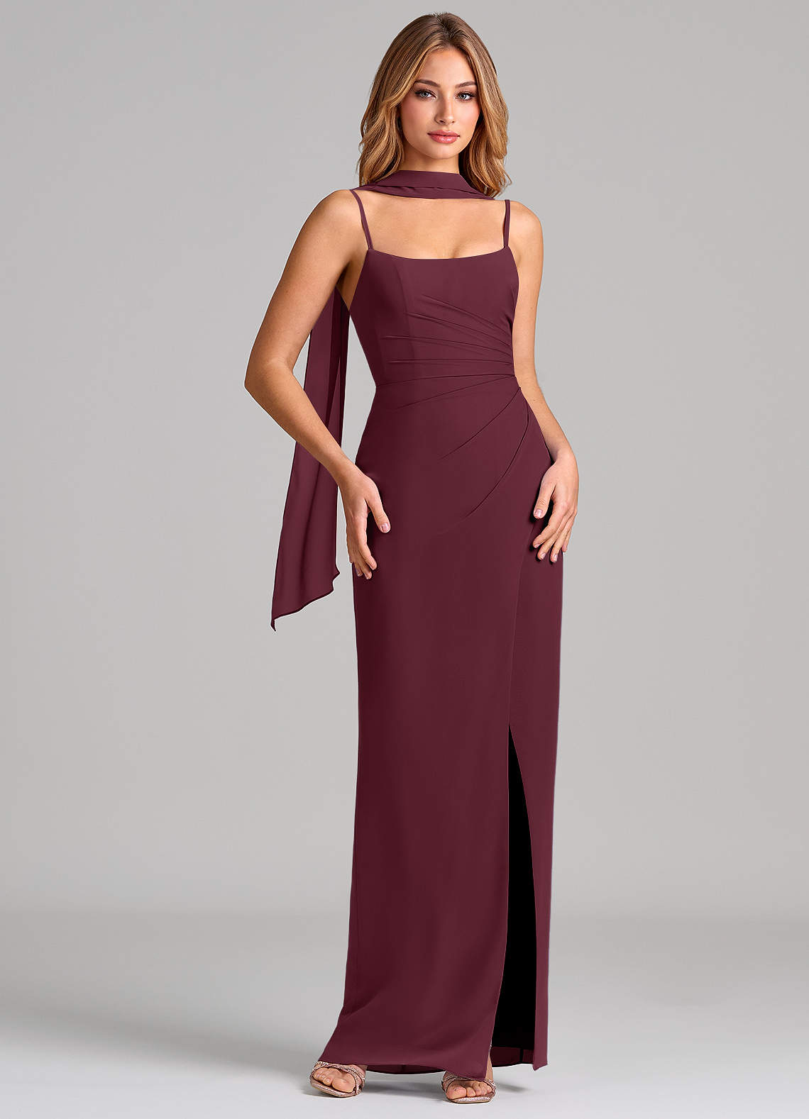 Calandra Sheath Scoop-Neck Chiffon Bridesmaid Dress in Cabernet