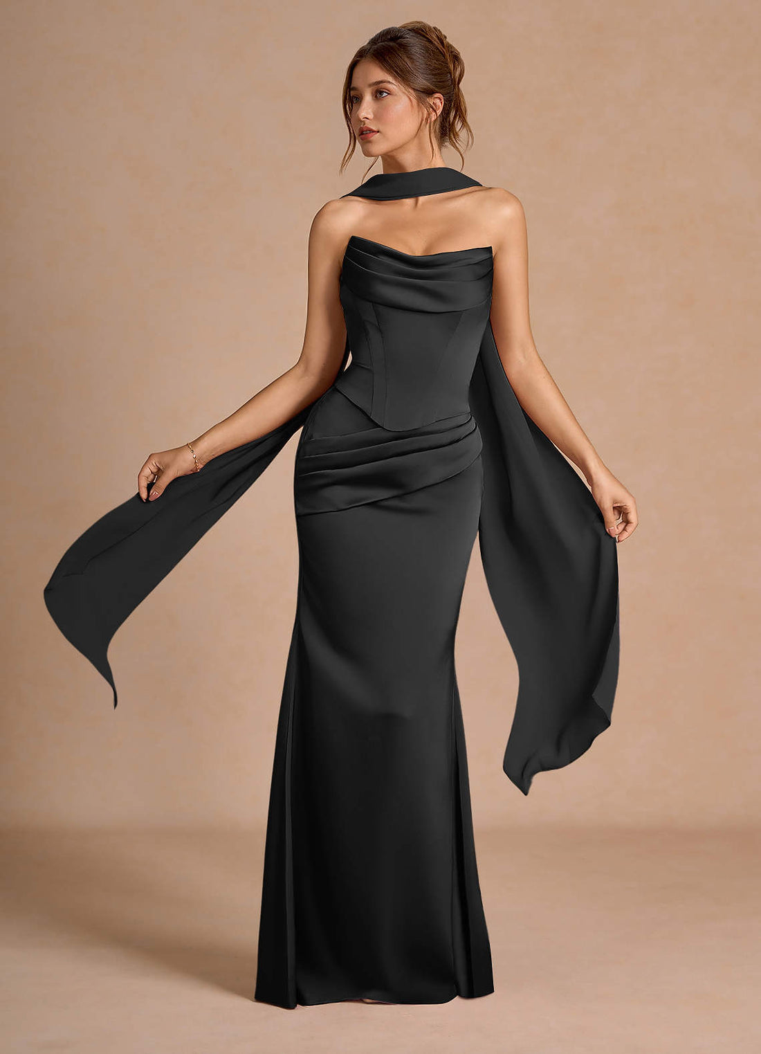 Sorrel Mermaid Corset Stretch Satin Evening Set in Black