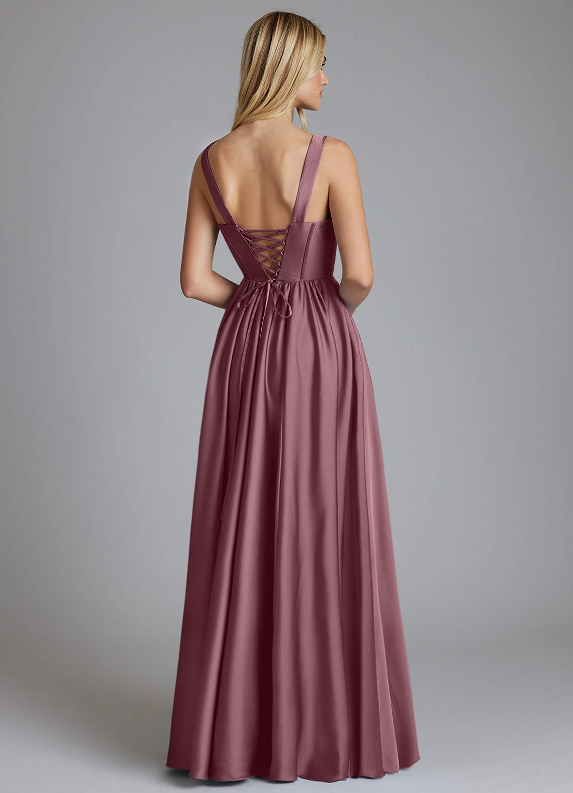 Delmie A-Line V-Neck Stretch Satin Bridesmaid Dress in Amethyst