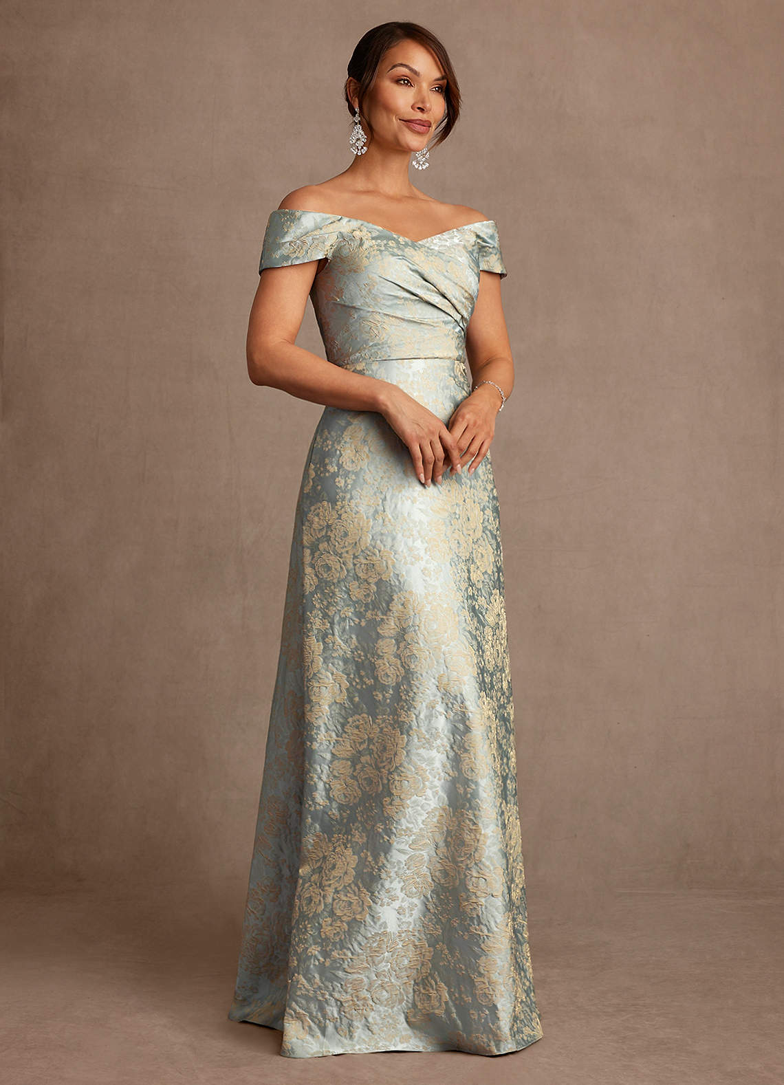 Beatrix A-Line Off-the-Shoulder Jacquard Mother of the Bride Dress in Vintage Blue