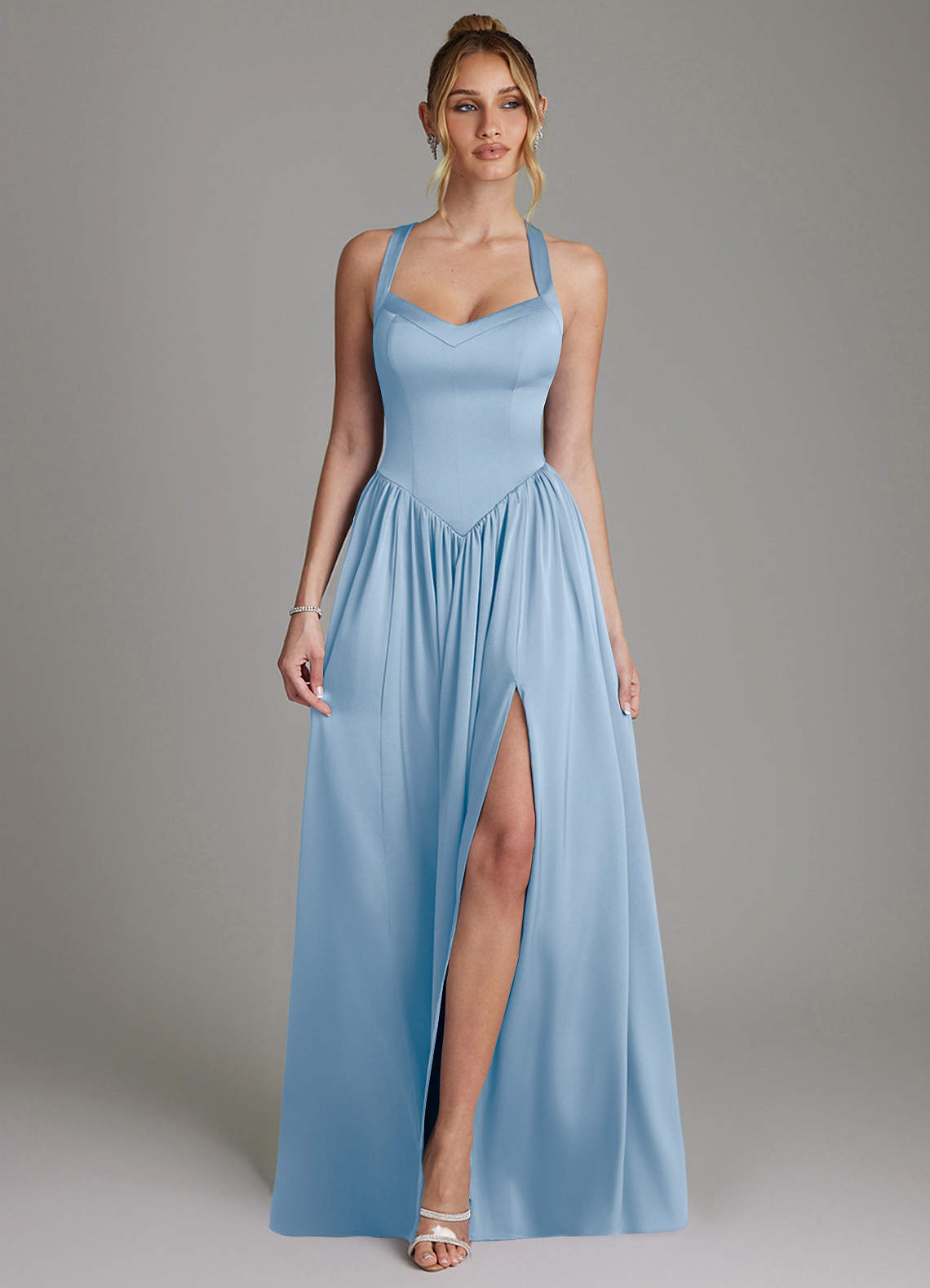 Francis A-Line V-Neck Stretch Satin Bridesmaid Dress in Powder Blue