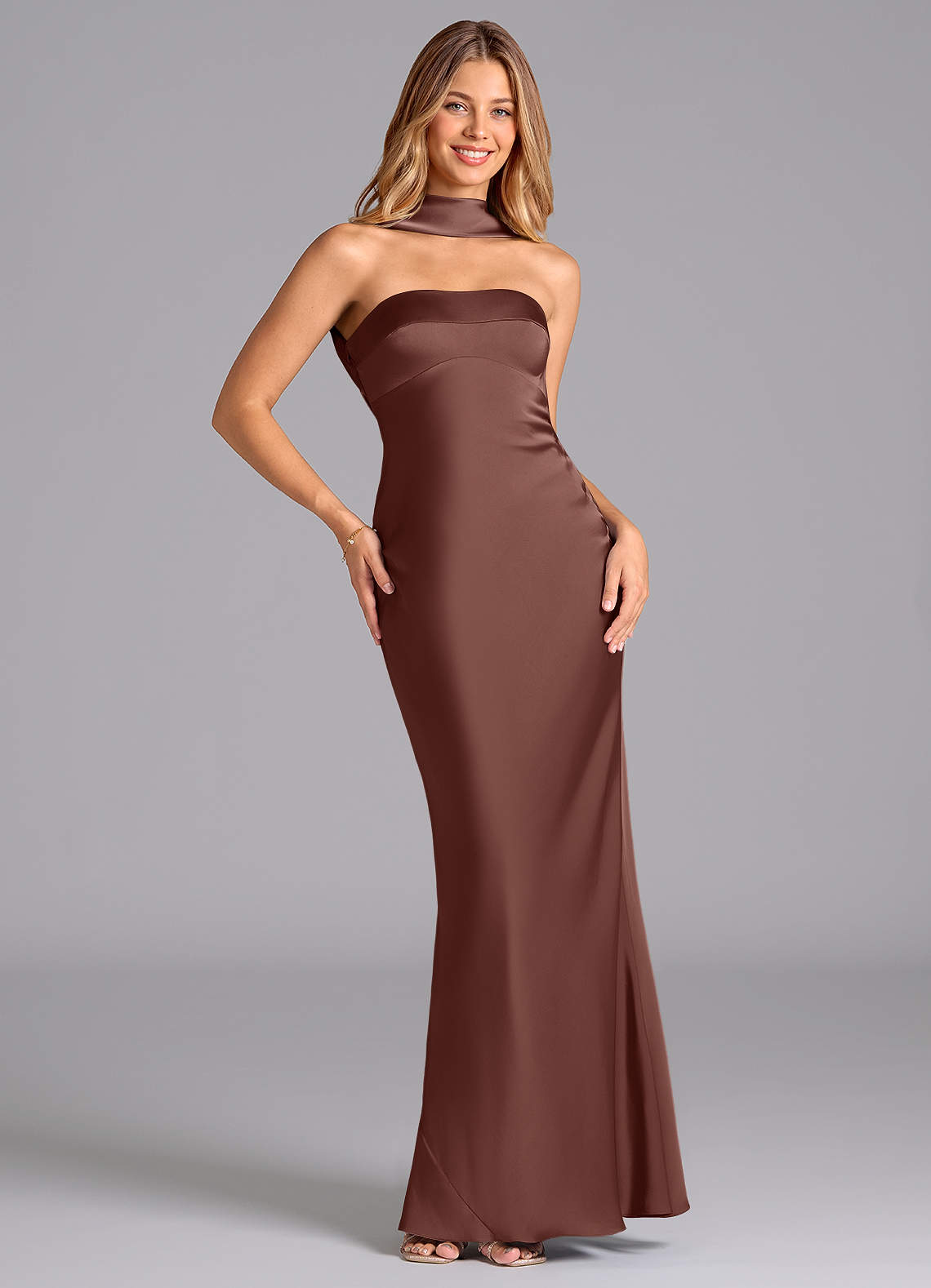 Lusinda Mermaid Strapless Stretch Satin Bridesmaid Dress in Espresso
