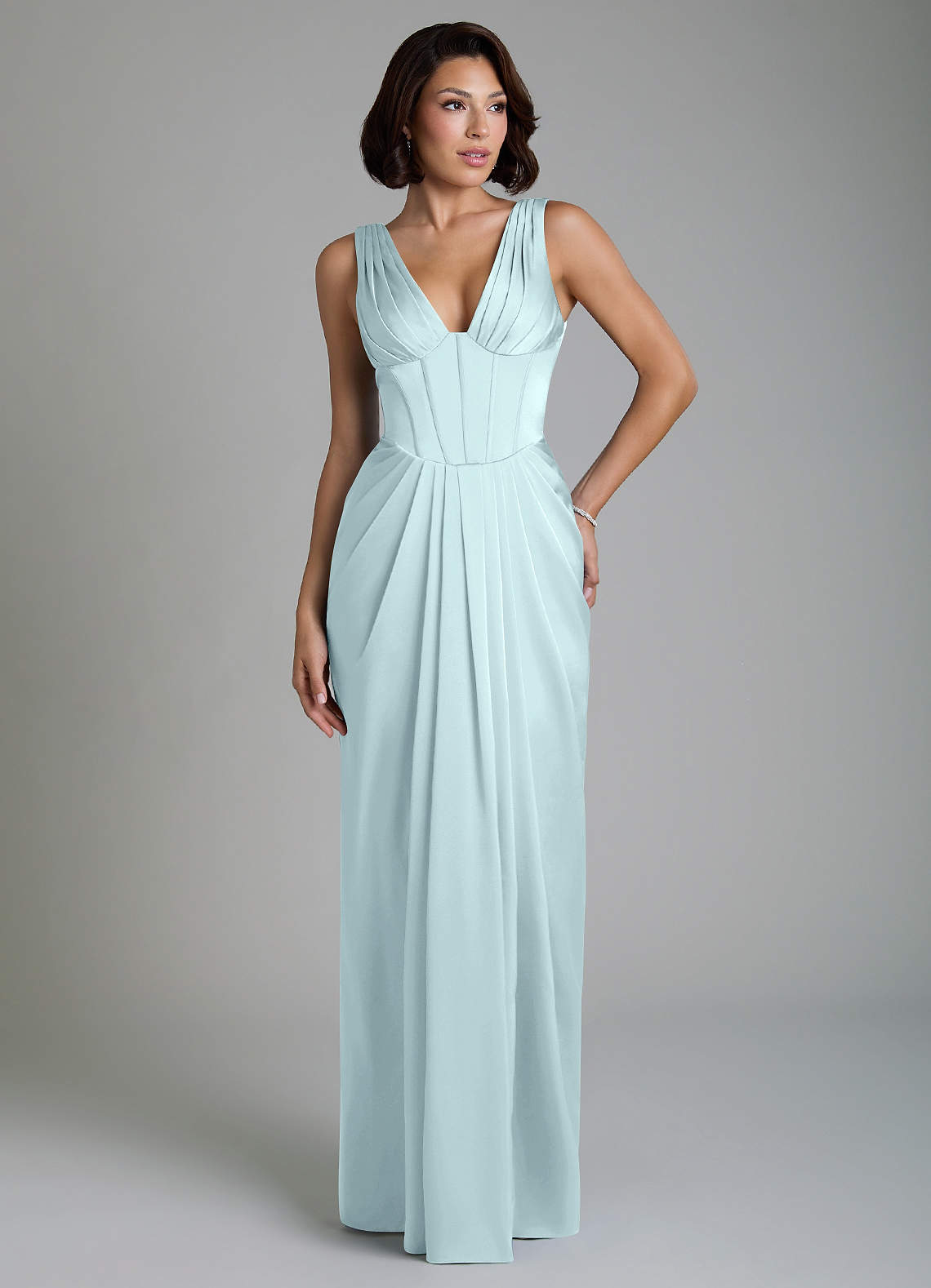 Vanya Sheath V-Neck Stretch Satin Bridesmaid Dress in Sea Glass