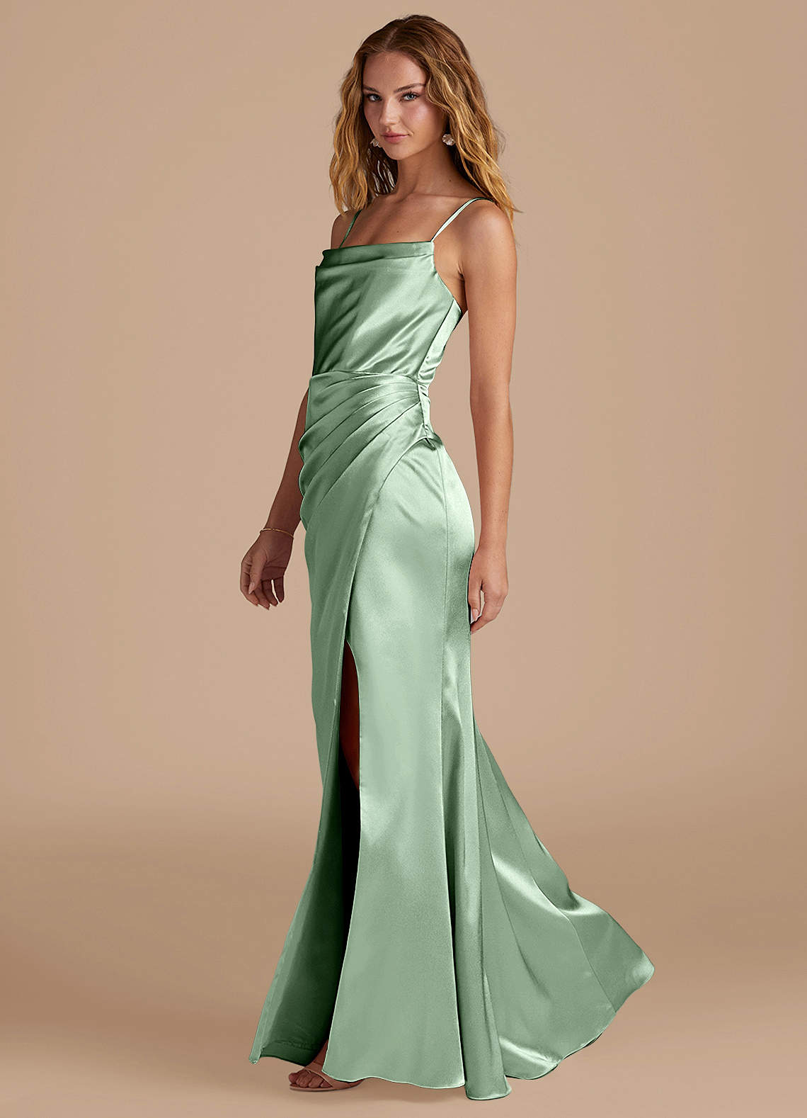 Marzia Mermaid Square-Neck Metallic Satin Bridesmaid Dress in Matcha