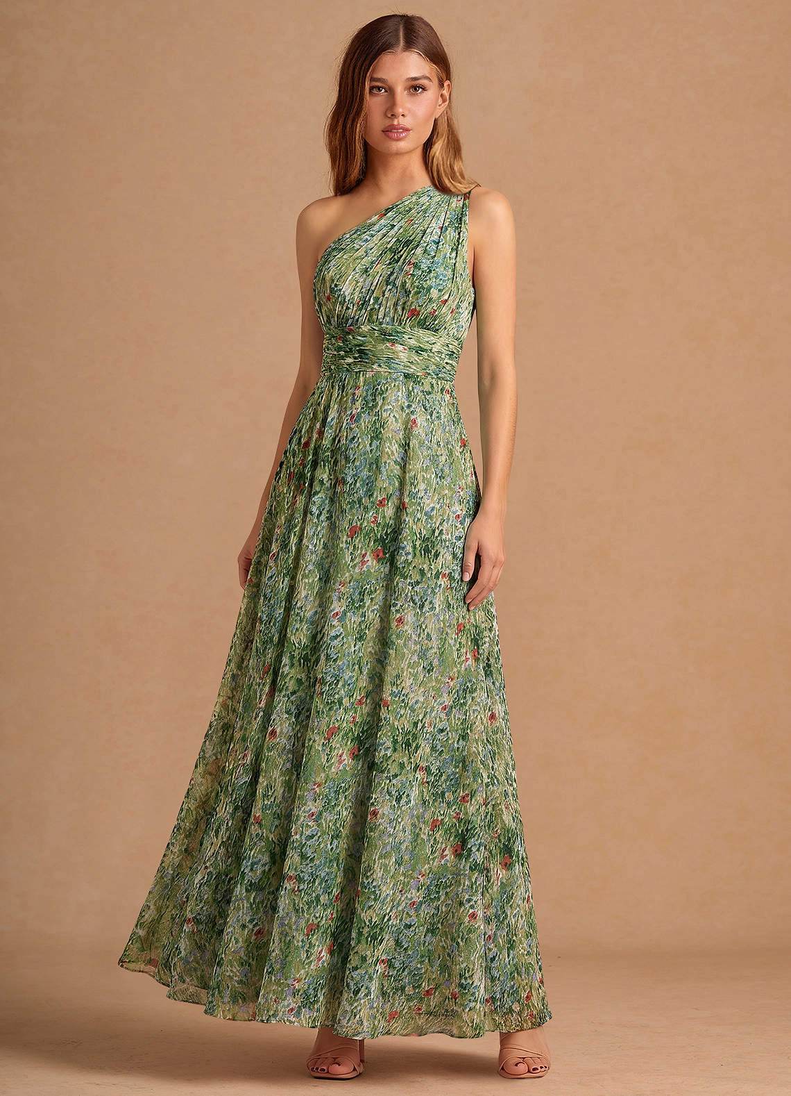 Noelle A-Line Twisted-Shoulder Chiffon Wedding Guest Dress in Green Floral