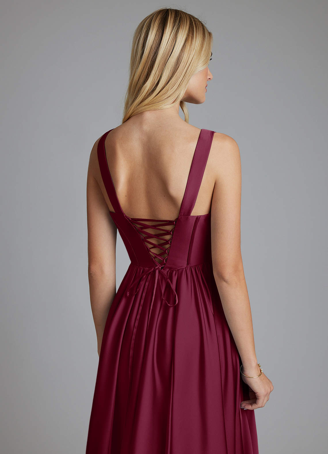 Delmie A-Line V-Neck Stretch Satin Bridesmaid Dress in Mulberry