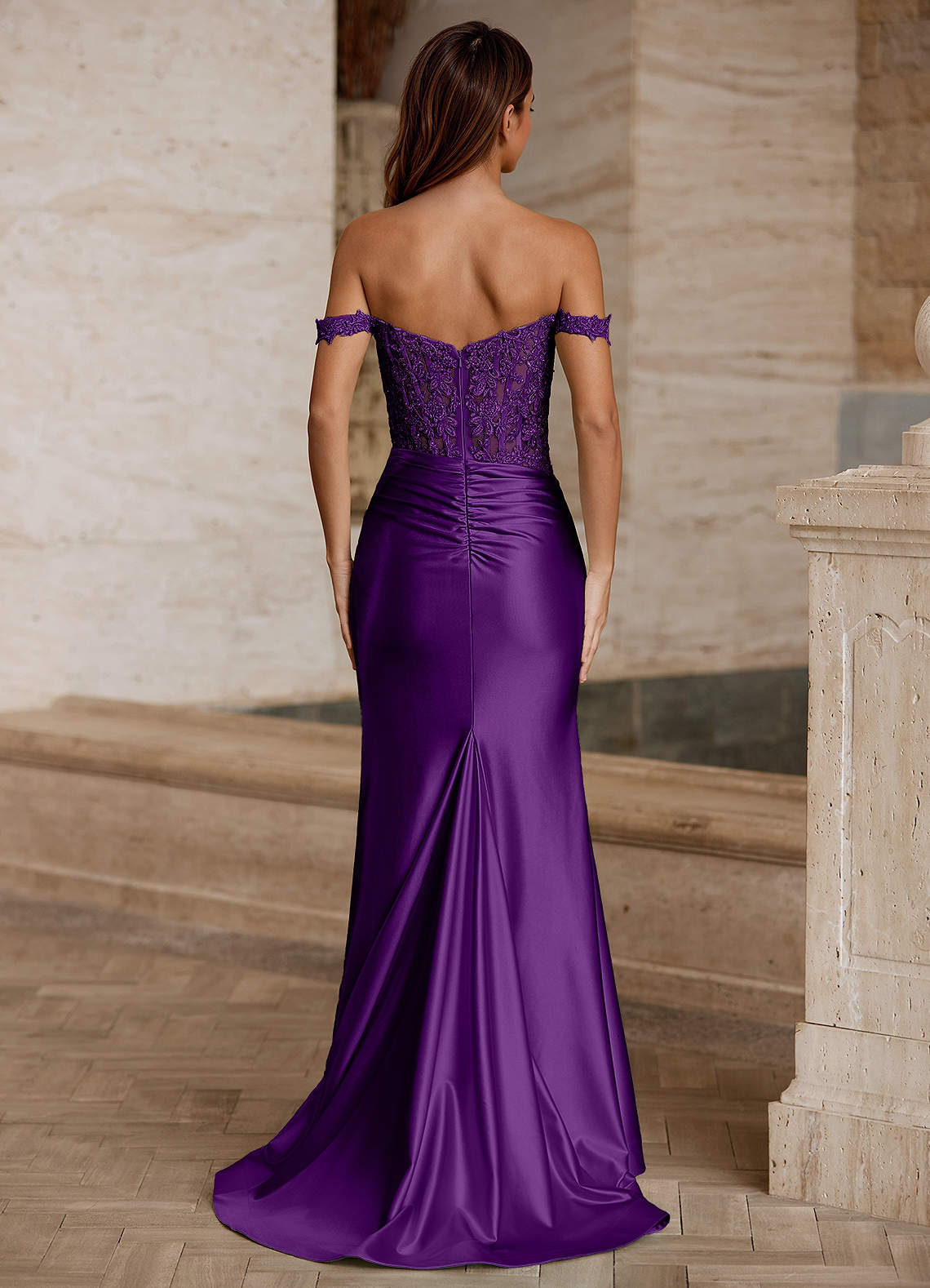 Wrentino Mermaid Off-the-Shoulder Stretch Satin Evening Dress in Grape