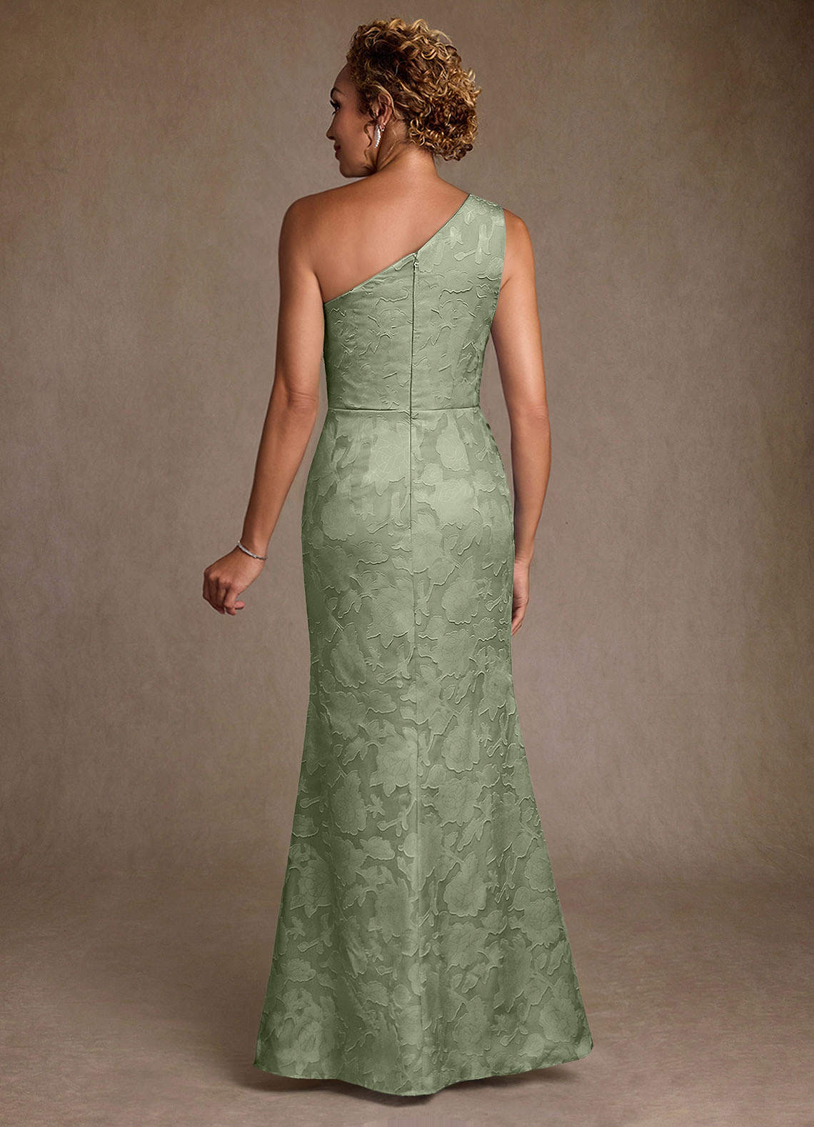 Joylin Trumpet One-Shoulder Floral Burnout Mother of the Bride Dress in Agave