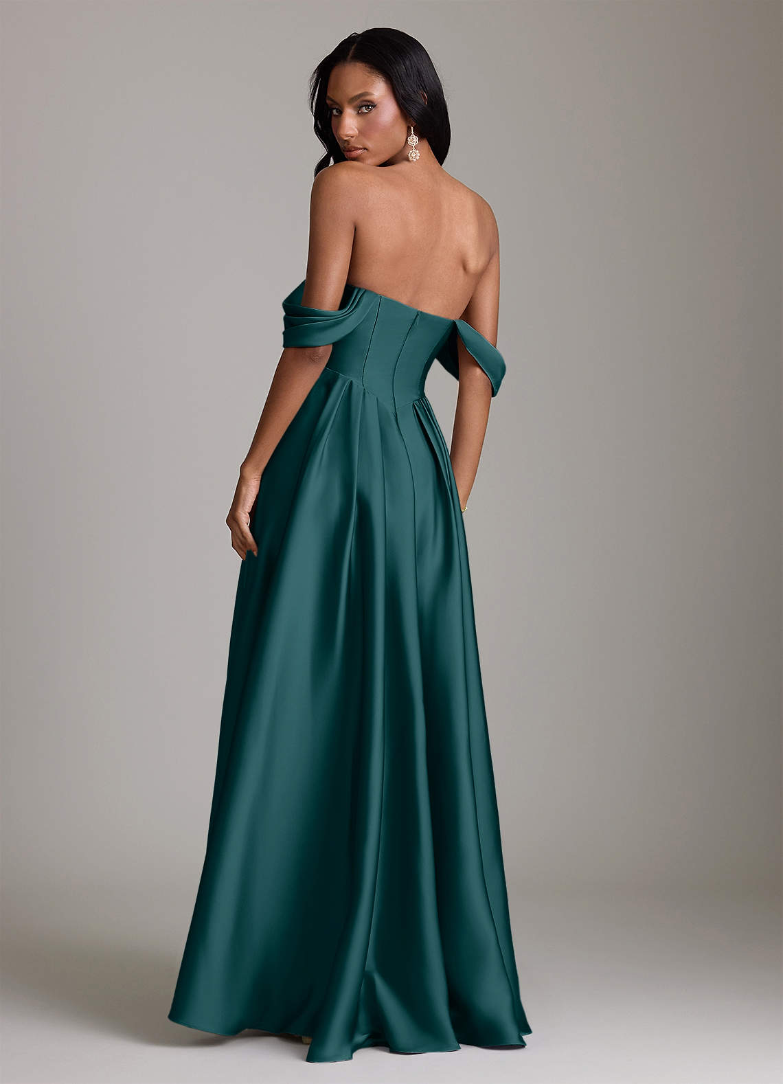 Loisa A-Line Off-the-Shoulder Stretch Satin Bridesmaid Dress in Pine